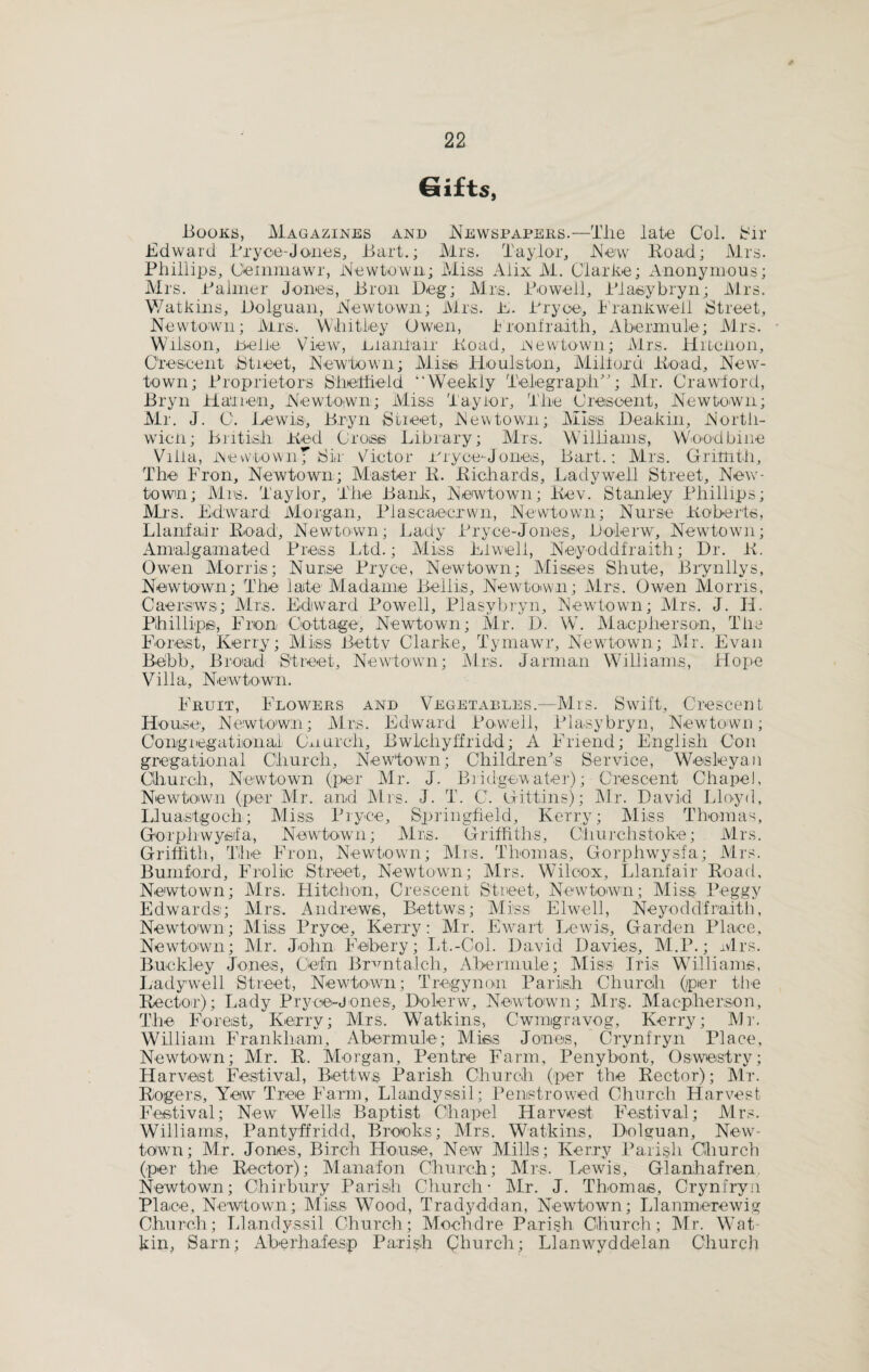 Gifts, Books, Magazines and Newspapers.—The late Col. Pir Edward Bryce-Jones, Bart.; Mrs. Taylor, New Road; Airs. Phillips, (Jeinmawr, Newtown; Miss Alix Ai. C'larke; Anonymous; Airs. Palmer Jones, Broil Beg; Mrs. Powell, Plasybryn; Mrs. Watkins, Bolguan, Newto-wn; Airs. E. Bryce, Prank well Street, Newtown; Airs. Whitley Owen, Tronfraith, Abermule; Mrs. Wilson, ne lie View, Eianlair Road, iNewtown; Mrs. Hr tenon. Orescent Street, Newtown; Aliss Houlston, Milford Road, New¬ town; Proprietors Sheffield “Weekly Telegraph; Mr. Crawford, Bryn Halien, Newtown; Miss Taylor, The Crescent, Newtown; Air. J. 0. Lewis; Bryn Street, Newtown; AIIss Beakin, North- wicii; British Red Cross Library; Mrs. Williams, Woodbine Villa, iNewtownf Sir Victor nryce*-Jones, Bart.: Mrs. 'Griffith, The Fron, Newtown; Master R. Richards, Ladywell Street, New¬ town; Alls. Taylor, The Bank, Newtown; Rev. Stanley Phillips; Airs. Edward Morgan, Biascaecrwn, Newtown; Nurse Roberts, Llanifair Road, Newtown; Lady Bryce-Jones, Bolerw, Newtown; Amalgamated Press Ltd.; Aliss Riwell, Neyoddfraith; Br. R. Owen Morris; Nurse Pryoe, Newtown; Misses Shute, Brynllys, Newtown; The late Madame Beilis, Newtown; Airs. Owen Morris, Caersws; Mrs. Edward Powell, Plasybryn, Newtown; Airs. J. H. Phillips, Fron Cottage, Newtown; Air. B. W. Alacplierson, The Forest, Kerry; Aliss Betty Clarke, Tymawr, Newtown; Mr. Evan Bebb, Broad Street, Newtown; Mrs. Jarman Williams, Hope Villa, Newtown. Fruit, Flowers and Vegetables.—Mrs. Swift, Crescent House, Newtown; Mrs. Edward Powell, Plasybryn, Newtown; Congregational Cuurch, Bwlcliyffridd; A Friend; English Con gregational Church, Newtown; Children’s Service, Wesleyan Church, Newtown (per Mr. J. Bridgewater); Crescent Chapel, Newtown (per Mr. and Airs. J. T. C. Gifting); Air. Bavid Lloyd, Lluastgoch; Aliss Pryce, Springfield, Kerry; Aliss Thomas, Gorpbwysd'a, Newtown; Airs. Griffiths, Churehstoke; Mrs. Griffith, The Fron, Newtown; Airs. Thomas, Gorphwysfa; Mrs. Bumfo.rd, Frolic Street, Newtown; Airs. Wilcox, Llanfair Road, Newtown; Airs. Hitchon, Crescent Street, Newtown; Aliss Peggy Edwards; Airs. Andrews, Bettws; Aliss Elwell, Neyoddfraith, Newtown; Aliss Pryce, Kerry: Air. Ewart Lewis, Garden Place, Newtown; Air. John Lebery; Id.-Col. Bavid Bavies, M.P.; Mrs. Buckley Jones, Cefn Brvntalch, Abermule; Aliss Iris Williams, Ladywell Street, Newtown; Tregynon Parish Church (pier the Rector); Lady Pryce-Jones, Bolerw, Newtown; Airs. Alacplierson, The Forest, Kerry; Airs. Watkins, Cwmgravog, Kerry; Mr. William Frankham, Abermule; Miss Jones, Crynfryn Place, Newtown; Mr. R. Morgan, Pentre Farm, Penybont, Oswestry; Harvest Festival, Bettws Parish Church (per the Rector); Air. Rogers, Yew Tree Farm, Llandyssil; Penstrowed Church Harvest Festival; New Wells Baptist Chapel Harvest Festival; Airs. Williams, Pantyffridd, Brooks; Airs. Watkins, Bolguan, New¬ town; Mr. Jones, Birch House, New Mills; Kerry Parish Church (per the Rector); Manafon Church; Airs. Lewis, Glanhafren Newtown; Chirbury Parish Church* Air. J. Thomas, Crynfryn Place, Newtown; Aliss Wood, Tradyddan, Newtown; Llanmerewig Church; Llandyssil Church; Aloehdre Parish Church; Air. Wat fiin, Sarn; Aberhafesp Parish Qhurch; Llanwyddelan Church