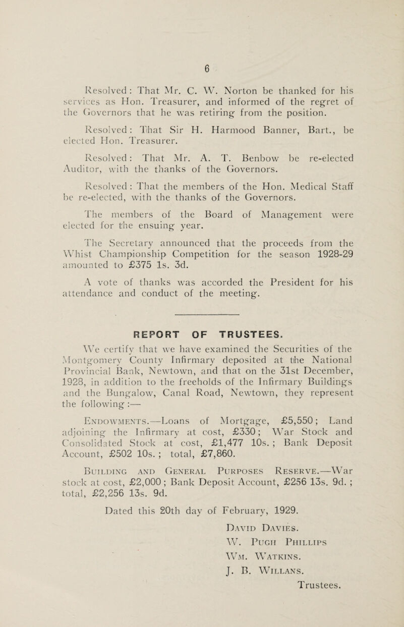 Resolved : That Mr. C. W. Norton be thanked for his services as Hon. Treasurer, and informed of the regret of the Governors that he was retiring from the position. Resolved: That Sir H. Harmood Banner, Bart., be elected Hon. Treasurer. Resolved: That Mr. A. T. Benbow be re-elected Auditor, with the thanks of the Governors. Resolved : That the members of the Hon. Medical Staff be re-elected, with the thanks of the Governors. The members of the Board of Management were elected for the ensuing year. The Secretary announced that the proceeds from the Whist Championship Competition for the season 1928-29 amounted to £375 Is. 3d. A vote of thanks was accorded the President for his attendance and conduct of the meeting. REPORT OF TRUSTEES, We certify that we have examined the Securities of the Montgomery County Infirmary deposited at the National Provincial Bank, Newtown, and that on the 31st December, 1928, in addition to the freeholds of the Infirmary Buildings and the Bungalow, Canal Road, Newtown, they represent the following :— Endowments.—Loans of Mortgage, £5,550; Land adjoining the Infirmary at cost, £330; W7ar Stock and Consolidated Stock at cost, £1,477 10s. ; Bank Deposit Account, £502 10s. ; total, £7,860. Building and General Purposes Reserve.—War stock at cost, £2,000 ; Bank Deposit Account, £256 13s. 9d. ; total, £2,256 13s. 9d. Dated this 20th day of February, 1929. David Davies. W. Pugh Phillips Wm. W at kins. J. B. Willans. Trustees.