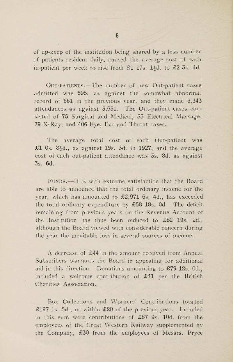 of up-keep of the institution being shared by a less number of patients resident daily, caused the average cost of each in-patient per week to rise from £1 17s. l^d. to £2 3s. 4d. i Out-patients.—The number of new Out-patient cases admitted was 595, as against the somewhat abnormal record of 661 in the previous year, and they made 3,343 attendances as against 3,651. The Out-patient cases con¬ sisted of 75 Surgical and Medical, 35 Electrical Massage, 79 X-Ray, and 406 Eye, Ear and Throat cases. The average total cost of each Out-patient was £1 Os. 81d., as against 19s. 3d. in 1927, and the average cost of each out-patient attendance 'was 3s. 8d. as against 3s. 6d. Funds.—It is with extreme satisfaction that the Board are able to announce that the total ordinary income for the year, which has amounted to £2,971 6s. 4d., has exceeded the total ordinary expenditure by £58 18s. Od. The deficit remaining from previous years on the Revenue Account of the Institution has thus been reduced to £82 19s. 2d., although the Board viewed with considerable concern during the year the inevitable loss in several sources of income. A decrease of £44 in the amount received from Annual Subscribers warrants the Board in appealing for additional aid in this direction. Donations amounting to £79 12s. Od., included a welcome contribution of £41 per the British Charities Association. Box Collections and Workers’ Contributions totalled £197 Is. 5d., or within £20 of 'the previous year. Included in this sum were contributions of £87 9s. lOd. from the employees of the Great Western Railway supplemented by the Company, £30 from the employees of Messrs. Pryce