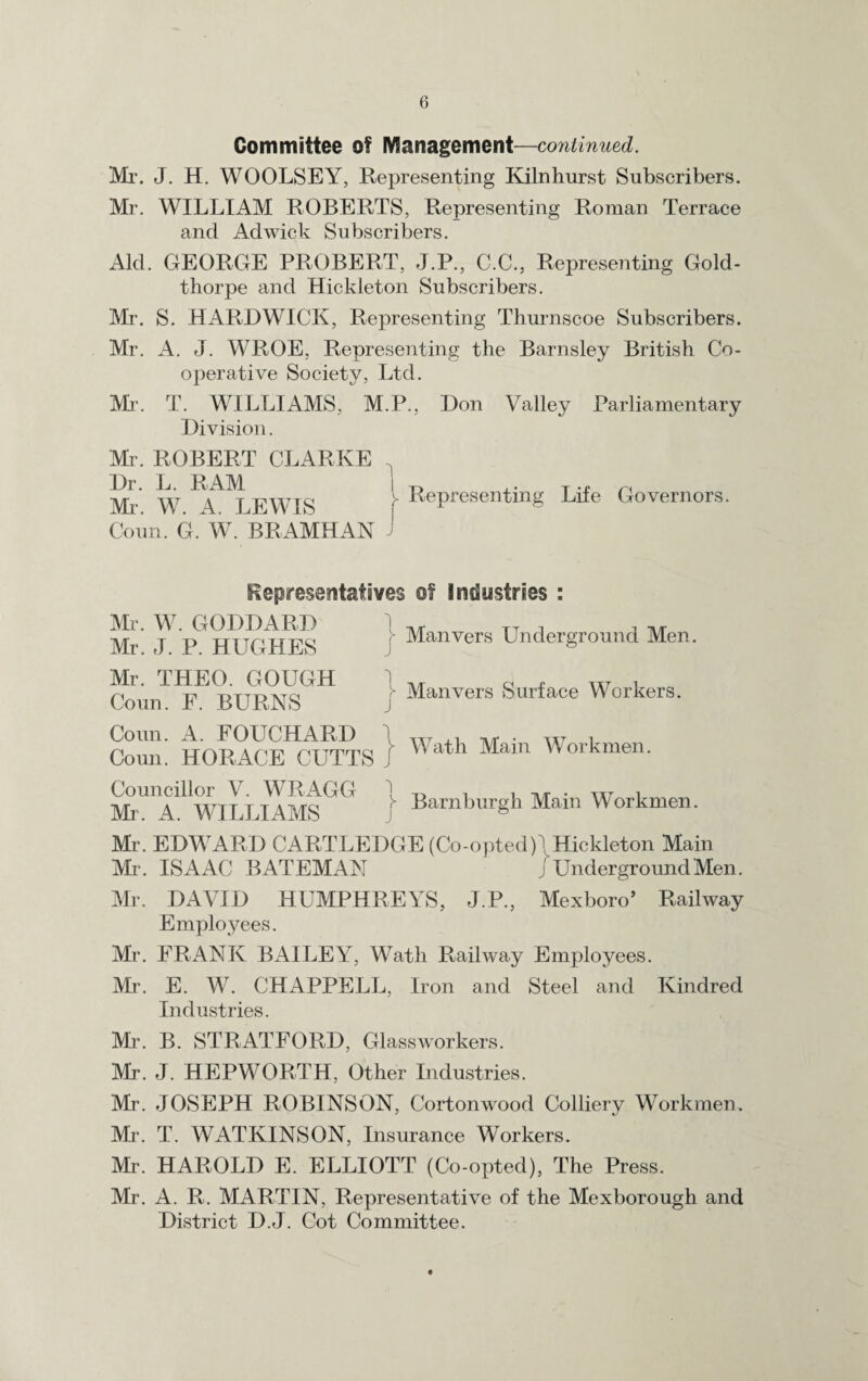 Committee of Management—continued. Mr. J. H. WOOLSEY, Representing Kilnhurst Subscribers. Mr. WILLIAM ROBERTS, Representing Roman Terrace and Aclwick Subscribers. Aid. GEORGE PROBERT, J.P., C.C., Representing Gold- thorpe and Hickleton Subscribers. Mr. S. HARDWICK, Representing Thurnscoe Subscribers. Mr. A. J. WROE, Representing the Barnsley British Co¬ operative Society, Ltd. Mr. T. WILLIAMS, M.P., Don Valley Parliamentary Division. Mr. ROBERT CLARKE Mr W 4 LEWIS r Representing Life Governors. Coun. G. W. BRAMHAN Representatives of Industries : Mr. W. GODDARD Mr. J. P. HUGHES J Mr. THEO. GOUGH ! Coun. F. BURNS J Coun. A. FOUCHARD 1 ;■ Man vers Underground Men. Man vers Surface Workers. Coun. HORACE CUTTS J Councillor V. WRAGG 1 Mr. A. WILLIAMS r Wath Main Workmen. )■ Barnburgh Main Workmen. Mr. EDWARD CARTLEDGE (Co-opted)\Hickleton Main Mr. ISAAC BATEMAN j Underground Men. Mr. DAVID HUMPHREYS, J.P., Mexboro’ Railway Employees. Mr. FRANK BAILEY, Wath Railway Employees. Mr. E. W. CHAPPELL, Iron and Steel and Kindred Industries. Mr. B. STRATFORD, Glassworkers. Mr. J. HEPWORTH, Other Industries. Mr. JOSEPH ROBINSON, Cortonwood Colliery Workmen. Mr. T. WATKINSON, Insurance Workers. Mr. HAROLD E. ELLIOTT (Co-opted), The Press. Mr. A. R. MARTIN, Representative of the Mexborough and District D.J. Cot Committee.