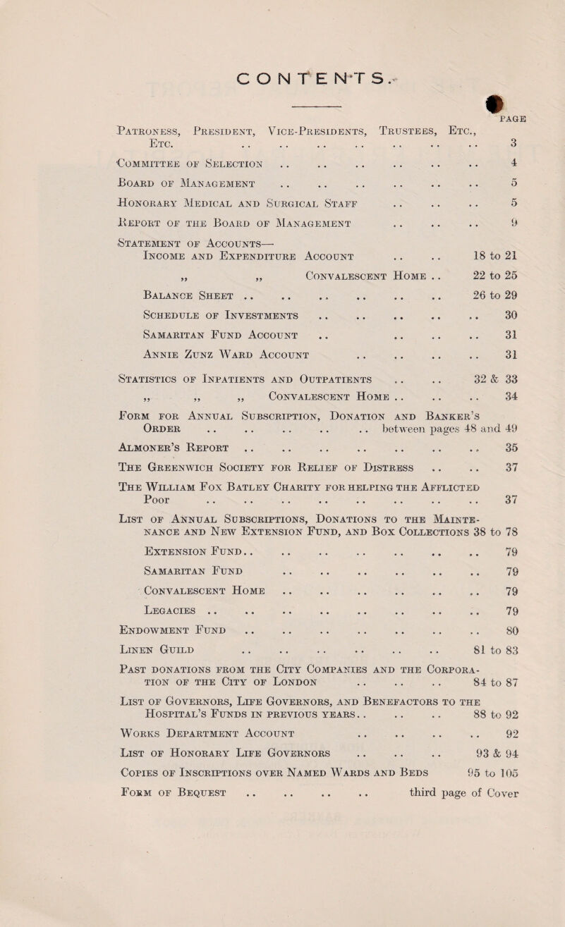 Patroness, President, Vice-Presidents, Etc. Committee of Selection Trustees, Board of Management .. .. .. .. .. .. 5 Honorary Medical and Surgical Staff .. .. .. 5 Effort of the Board of Management .. .. .. 9 Statement of Accounts— Income and Expenditure Account .. .. 18 to 21 „ „ Convalescent Home .. 22 to 25 Balance Sheet .. .. .. .. .. .. 26 to 29 Schedule of Investments .. .. .. .. .. 30 Samaritan Fund Account .. .. .. .. 31 Annie Zunz Ward Account .. .. .. .. 31 Statistics of Inpatients and Outpatients .. .. 32 & 33 ,, ,, ,, Convalescent Home .. .. .. 34 Form for Annual Subscription, Donation and Banker’s Order .. .. ... .. .. between pages 48 and 49 Almoner’s Report .. .. .. .. .. .. ., 35 The Greenwich Society for Relief of Distress .. .. 37 The William Fox Batley Charity for helping the Afflicted Poor •« •• «• .* .. ». .. 3/ List of Annual Subscriptions, Donations to the Mainte¬ nance and New Extension Fund, and Box Collections 38 to 78 Extension Fund .. .. .. .. .. .. .. 79 Samaritan Fund .. .. .. .. .. .. 79 Convalescent Home .. .. .. .. .. .. 79 Legacies .. .. .. .. .. .. .. .. 79 Endowment Fund .. .. .. .. .. .. .. 80 Linen Guild .. .. .. .. .. .. 81 to 83 Past donations from the City Companies and the Corpora¬ tion of the City of London .. .. .. 84 to 87 List of Governors, Life Governors, and Benefactors to the Hospital’s Funds in previous years .. .. .. 88 to 92 Works Department Account .. .. .. .. 92 List of Honorary Life Governors .. .. .. 93 & 94 Copies of Inscriptions over Named Wards and Beds 95 to 105 Form of Bequest .. .. .. .. third page of Cover