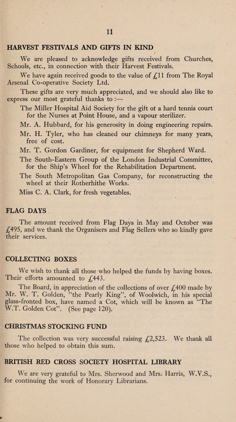 HARVEST FESTIVALS AND GIFTS IN KIND We are pleased to acknowledge gifts received from Churches, Schools, etc., in connection with their Harvest Festivals. We have again received goods to the value of j£ll from The Royal Arsenal Co-operative Society Ltd. These gifts are very much appreciated, and we should also like to express our most grateful thanks to :— The Miller Hospital Aid Society for the gift ot a hard tennis court for the Nurses at Point House, and a vapour sterilizer. Mr. A. Hubbard, for his generosity in doing engineering repairs. Mr. H. Tyler, who has cleaned our chimneys for many years, free of cost. Mr. T. Gordon Gardiner, for equipment for Shepherd Ward. The South-Eastern Group of the London Industrial Committee, for the Ship’s Wheel for the Rehabilitation Department. The South Metropolitan Gas Company, for reconstructing the wheel at their Rotherhithe Works. Miss C. A. Clark, for fresh vegetables. FLAG DAYS The amount received from Flag Days in May and October was ;£495, and we thank the Organisers and Flag Sellers who so kindly gave their services. COLLECTING BOXES We wish to thank all those who helped the funds by having boxes. Their efforts amounted to ;£443. The Board, in appreciation of the collections of over ^£400 made by Mr. W. T. Golden, “the Pearly King”, of Woolwich, in his special glass-fronted box, have named a Cot, which will be known as “The W.T. Golden Cot”. (See page 120). CHRISTMAS STOCKING FUND The collection was very successful raising £2^523. We thank all those who helped to obtain this sum. BRITISH RED CROSS SOCIETY HOSPITAL LIBRARY We are very grateful to Mrs. Sherwood and Mrs. Harris, W.V.S., for continuing the work of Honorary Librarians.