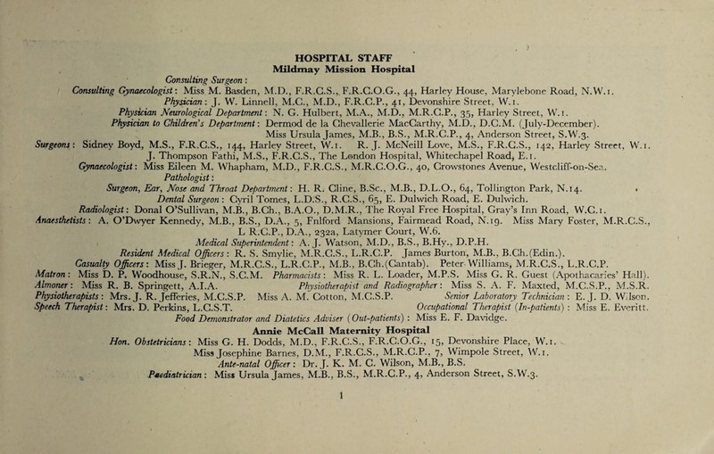 HOSPITAL STAFF Mildmay Mission Hospital Consulting Surgeon: Consulting Gynaecologist’. Miss M. Basden, M.D., F.R.G.S.,.F.R.G.O.G., 44, Harley House, Marylebone Road, N.W.i. Physician: J. W. Linnell, M.C., M.D., F.R.C.P., 41, Devonshire Street, W. 1. Physician Neurological Department: N. G. Hulbert, M.A., M.D., M.R.C.P., 35, Harley Street, W. 1. Physician to Children's Department: Dermod de la Ghevallerie MacCarthy, M.D., D.C.M. (July-December). Miss Ursula James, M.B., B.S., M.R.C.P., 4, Anderson Street, S.W.3. Surgeons: Sidney Boyd, M.S., F.R.G.S., 144, Harley Street, W.i. R. J. McNeill Love, M.S., F.R.G.S., 142, Harley Street, W.i. J. Thompson Fathi, M.S., F.R.G.S., The London Hospital, Whitechapel Road, E.i. Gynaecologist: Miss Eileen M. Whapham, M.D., F.R.C.S., M.R.C.O.G., 40, Crowstones Avenue, Westcliff-on-Sea. Pathologist: Surgeon, Ear, Nose and Throat Department: H. R. Cline, B.Sc., M.B., D.L.O., 64, Tollington Park, N.14. . Dental Surgeon : Cyril Tomes, L.D.S., R.C.S., 65, E. Dulwich Road, E. Dulwich. Radiologist: Donal O’Sullivan, M.B., B.Ch., B.A.O., D.M.R., The Royal Free Hospital, Gray’s Inn Road, W.C.i. Anaesthetists: A. O’Dwyer Kennedy, M.B., B.S., D.A., 5, Fnlford Mansions, Fairmead Road, N. 19. Miss Mary Foster, M.R.C.S., L R.G.P., D.A., 232a, Latymer Court, W.6. Medical Superintendent: A. J. Watson, M.D., B.S., B.Hy., D.P.H. Resident Medical Officers: R. S. Smylie, M.R.C.S., L.R.C.P. James Burton, M.B., B.Ch.(Edin.). Casualty Officers: Miss J. Brieger, M.R.C.S., L.R.C.P., M.B., B.Ch.(Cantab). Peter Williams, M.R.C.S., L.R.C.P. Matron: Miss D. P. Woodhouse, S.R.N., S.C.M. Pharmacists: Miss R. L. Loader, M.P.S. Miss G. R. Guest (Apothacaries’ Hall). Almoner: Miss R. B. Springett, A.I.A. Physiotherapist and Radiographer: Miss S. A. F. Maxted, M.C.S.P., M.S.R. Physiotherapists: Mrs.J. R. Jefferies, M.C.S.P. Miss A. M. Cotton, M.C.S.P. Senior Laboratory Technician : E. J. D. Wilson. Speech Therapist: Mrs. D. Perkins, L.C.S.T. Occupational Therapist (In-patients) : Miss E. Everitt. Food Demonstrator and Diatetics Adviser (Out-patients) : Miss E. F. Davidge. Annie McCall Maternity Hospital Hon. Obstetricians: Miss G. H. Dodds, M.D., F.R.C.S., F.R.C.O.G., 15, Devonshire Place, W.i. Miss Josephine Barnes, D.M., F.R.C.S., M.R.C.P., 7, Wimpole Street, W.i. Ante-natal Officer: Dr. J. K. M. C. Wilson, M.B., B.S. Paediatrician: Miss Ursula James, M.B.. B.S., M.R.C.P., 4, Anderson Street, S.W.3.