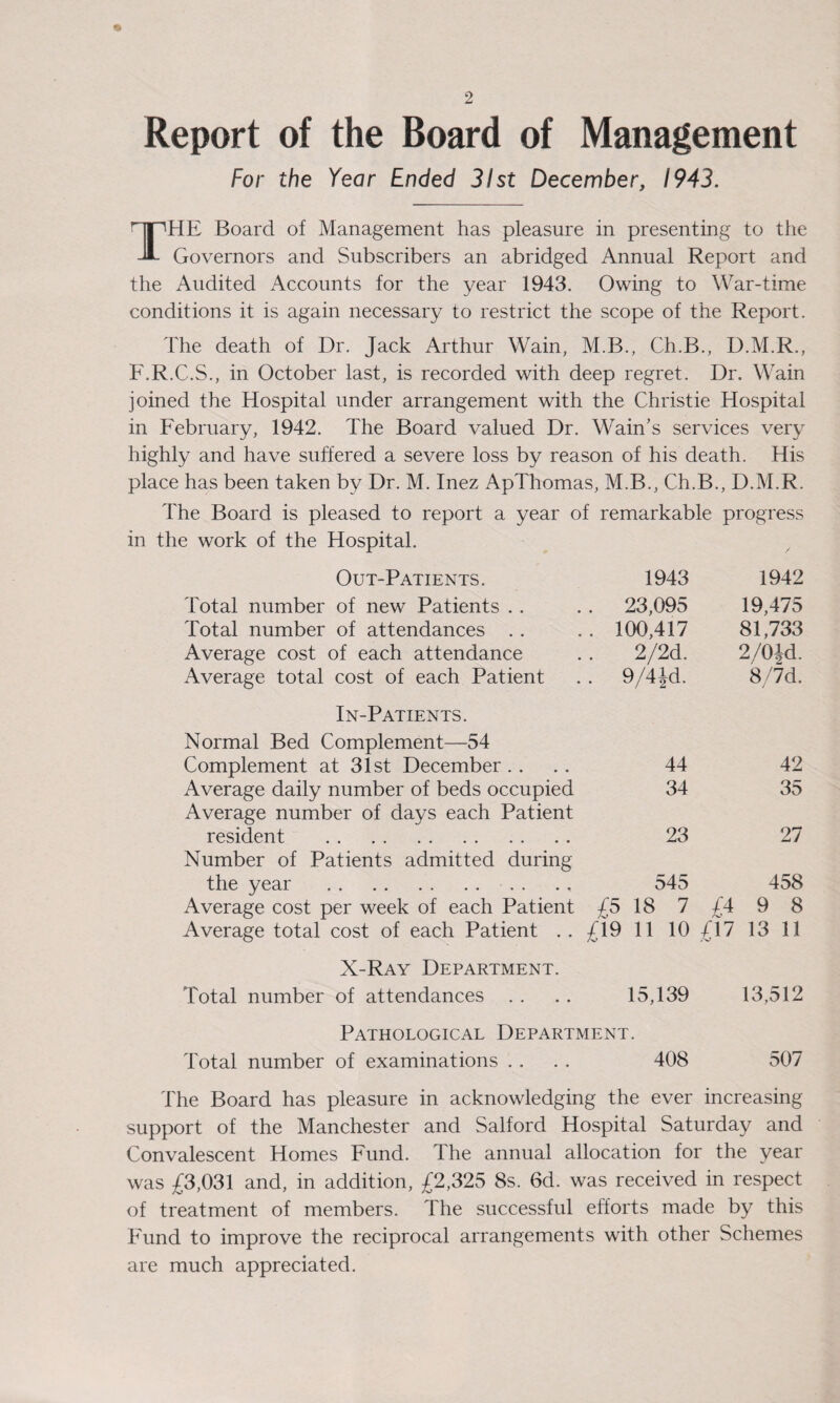 Report of the Board of Management For the Year Ended 31st December, 1943. THE Board of Management has pleasure in presenting to the Governors and Subscribers an abridged Annual Report and the Audited Accounts for the year 1943. Owing to War-time conditions it is again necessary to restrict the scope of the Report. The death of Dr. Jack Arthur Wain, M.B., Ch.B., D.M.R., F.R.C.S., in October last, is recorded with deep regret. Dr. Wain joined the Hospital under arrangement with the Christie Hospital in February, 1942. The Board valued Dr. Wain’s services very highly and have suffered a severe loss by reason of his death. His place has been taken by Dr. M. Inez ApThomas, M.B., Ch.B., D.M.R. The Board is pleased to report a year of remarkable progress in the work of the Hospital. Out-Patients. 1943 1942 Total number of new Patients . . . 23,095 19,475 Total number of attendances . . . 100,417 81,733 Average cost of each attendance 2/2d. 2/0jd. Average total cost of each Patient . 9/4 Jd. 8/7d. In-Patients. Normal Bed Complement—54 Complement at 31st December . . 44 42 Average daily number of beds occupied Average number of days each Patient 34 35 resident . Number of Patients admitted during 23 27 the year .. 545 458 Average cost per week of each Patient £5 18 7 £4 9 8 Average total cost of each Patient . . £19 11 10 £17 13 11 X-Ray Department. Total number of attendances . . 15,139 13,512 Pathological Department. Total number of examinations . . 408 507 The Board has pleasure in acknowledging the ever increasing support of the Manchester and Salford Hospital Saturday and Convalescent Homes Fund. The annual allocation for the year was £3,031 and, in addition, £2,325 8s. 6d. was received in respect of treatment of members. The successful efforts made by this Fund to improve the reciprocal arrangements with other Schemes are much appreciated.