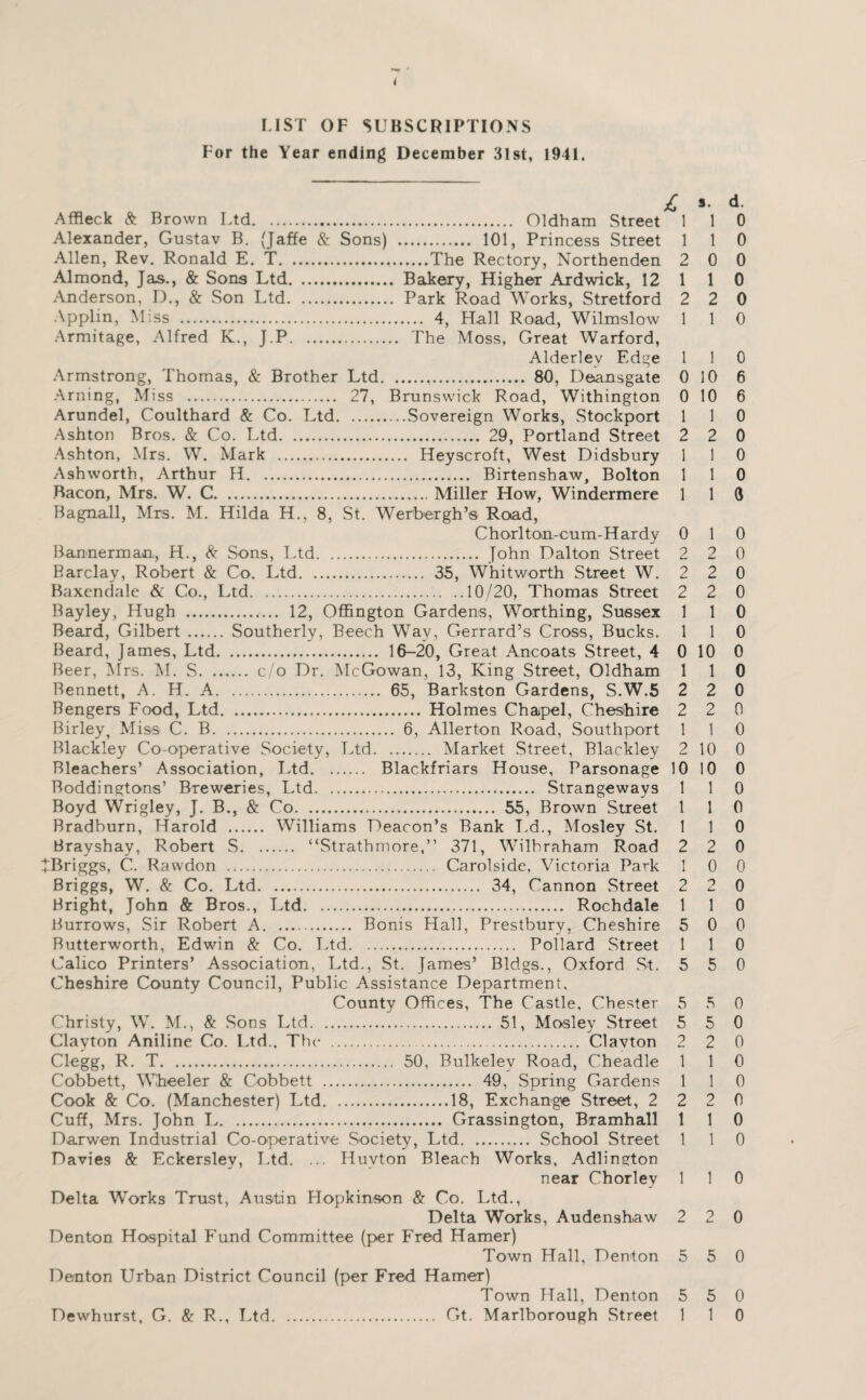 ( r.lST OF SUBSCRIPTIONS For the Year ending December 31st, 1941. L s. d. Affleck & Brown Ltd. Oldham Street 1 1 0 Alexander, Gustav B. (Jaffe & Sons) . 101, Princess Street 1 1 0 Allen, Rev, Ronald E. T.The Rectory, Northenden 2 0 0 Almond, Jas., & Sons Ltd. Bakeory, Higher Ardwick, 12 1 1 0 Anderson, D., & Son Ltd. Park Road Works, Stretford 2 2 0 Applin, Miss . 4, Hall Road, Wilmslow 1 1 0 Armitage, Alfred K., J.P. The Moss, Great Warford, Alderley Edge 1 1 0 Armstrong, Thomas, & Brother Ltd... 80, Deansgate 0 10 6 Arning, Miss . 27, Brunswick Road, Withington 0 10 6 Arundel, Coulthard & Co. Ltd.Sovereign Works, Stockport 1 1 0 Ashton Bros. & Co. Ltd. 29, Portland Street 2 2 0 Ashton, Mrs. W. Mark . Heyscroft, West Didsbury 1 ! 0 Ashworth, Arthur H. Birtenshaw, Bolton I 1 0 Bacon, Mrs. W. C. Miller How, Windermere 1 1 G Bagnall, Mrs. M. Hilda H., 8, St. Werbergh’s Road, ChorltOiU-cum-Hardy 0 1 0 Bannerman, H., & Sons, I.td. John Dalton Street 2 2 0 Barclay, Robert & Co. Ltd. 35, Whitworth Street W. 2 2 0 Baxendale & Co., Ltd.10/20, Thomas Street 2 2 0 Bayley, Hugh .. 12, Offington Gardens, Worthing, Sussex 1 1 0 Beard, Gilbert . Southerly, Beech Way, Gerrard’s Cross, Bucks. 1 1 0 Beard, James, Ltd. 16-20, Great Ancoats Street, 4 0 10 0 Beer, l\frs. M. S. c/o Dr. McGowan, 13, King Street, Oldham 1 Bennett, A. H. A. 65, Barkston Gardens, S.W.5 2 Bengers Food, Ltd. Holmes Chapel, Cheshire 2 Birley, Miss C. B. 6, Allerton Road, Southport 1 Blackley Co-operative Society, T>td. Market Street, Blackley 2 Bleachers’ Association, Ltd. Blackfriars House, Parsonage 10 Boddingtons’ Breweries, Ltd. Strangeways 1 Boyd Wrigley, J. B., & Co. 55, Brown Street 1 Bradburn, Harold . Williams Deacon’s Bank Ld., Mosley St. 1 1 0 Brayshay, Robert S. “Strathmore,” 371, Wilbraham Road 2 2 0 JBriggs, C. Rawdon . Carolside, Victoria Park 1 Briggs, W. & Co. Ltd. 34, Cannon Street 2 Bright, John & Bros., Ltd. Rochdale 1 Burrows, Sir Robert A. Bonis Hall, Prestbury, Cheshire 5 Butterworth, Edwin & Co. Ltd. Pollard Street 1 1 0 Calico Printers’ Association, Ltd., St. James’ Bldgs., Oxford St. 5 5 0 Cheshire County Council, Public Assistance Department, County Offices, The Castle, Chester 5 5 0 Christy, W. M., & Sons Ltd. 51, Mosley Street 5 5 0 Clayton Aniline Co. Ltd., The . Clavton 2 2 0 Clegg, R. T. 50, Bulkeley Road, Cheadle 1 1 0 Cobbett, Wheeler & Cobbett . 49, Spring Gardens 1 Cuff, Mrs. John I.. Grassington, Bramhall 1 1 0 Darwen Industrial Co-operative Society, Ltd. School Street 1 1 0 Davies & Eckersley, T.td. ... Huyton Bleach Works, Adlineton near Chorley 1 1 0 Delta Works Trust, Austin Hopkinson &■ Co. Ltd., Delta Works, Audenshaw 2 2 0 Denton Hospital Fund Committee (per Fred Hamer) Town Hall, Denton 5 5 0 Denton Urban District Council (per Fred Hamer) Town Hall, Denton 5 5 0 Dewhurst, G. & R., Tdd. Gt. Marlborough Street 1 1 0 1 0 2 0 2 0 1 0 10 0 10 0 1 0 1 0 0 0 2 0 1 0 0 0 1 0