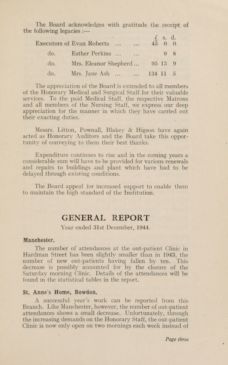 The Board acknowledges with gratitude the receipt of the following legacies :— £ s. d. Executors of Evan Roberts ... 45 0 0 do. Esther Perkins ... 9 8 do. Mrs. Eleanor Shepherd... 95 13 9 do. Mrs. lane Ash ... 134 11 5 The appreciation of the Board is extended to all members of the Honorary Medical and Surgical Staff for their valuable services. To the paid Medical Staff, the respective Matrons and all members of the Nursing Staff, we express our deep appreciation for the manner in which they have carried out their exacting duties. Messrs. Litton, Pownall, Blakey & Higson have again acted as Honorary Auditors and the Board take this oppor¬ tunity of conveying to them their best thanks. Expenditure continues to rise and in the coming years a considerable sum will have to be provided for various renewals and repairs to buildings and plant which have had to be delayed through existing conditions. The Board appeal for increased support to enable them to maintain the high standard of the Institution. GENERAL REPORT Year ended 31st December, 1944. Manchester. The number of attendances at the out-patient Clinic in Hardman Street has been slightly smaller than in 1943, the number of new out-patients having fallen by ten. This decrease is possibly accounted for by the closure of the Saturday morning Clinic. Details of the attendances will be found in the statistical tables in the report. St. Anne’s Home, Bowdon. A successful year’s work can be reported from this Branch. Like Manchester, however, the number of out-patient attendances shows a small decrease. Unfortunately, through the increasing demands on the Honorary Staff, the out-patient Clinic is now only open on two mornings each week instead of Page three
