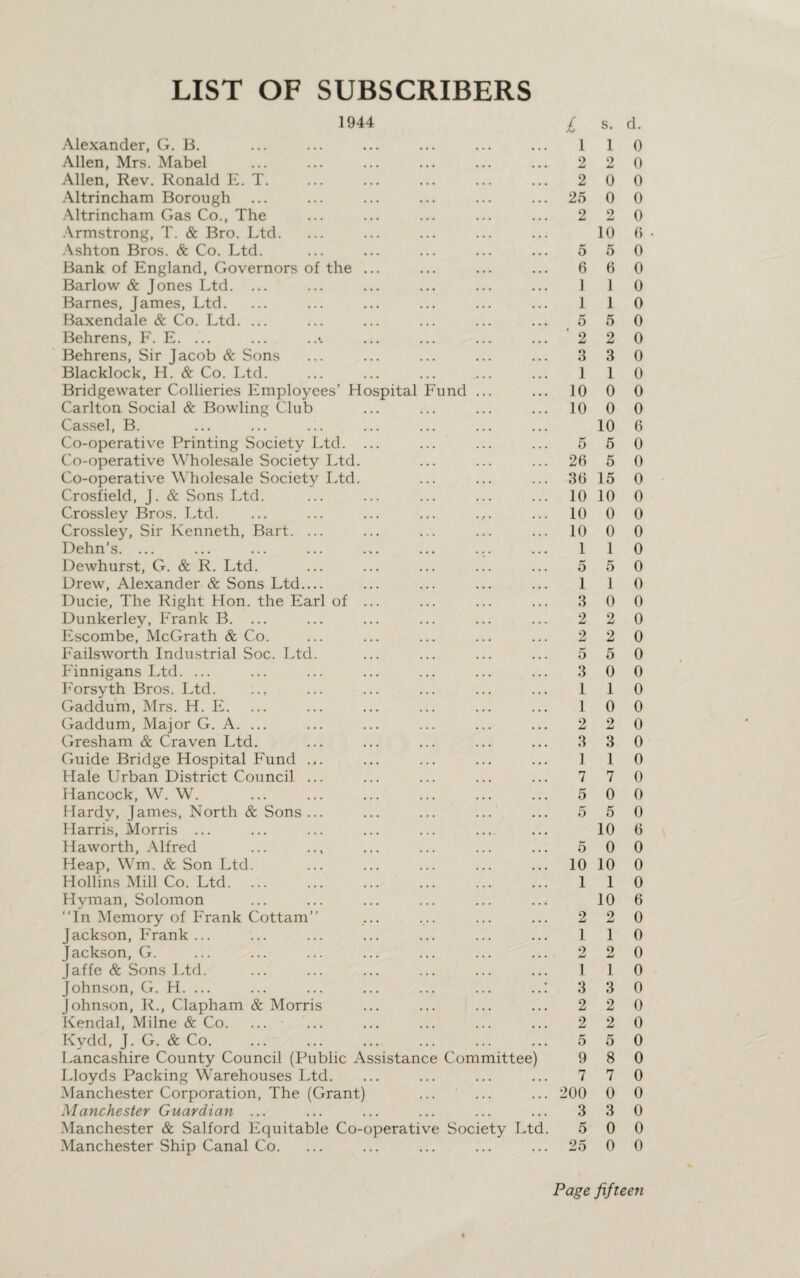 LIST OF SUBSCRIBERS 1944 Alexander, G. B. Allen, Mrs. Mabel Allen, Rev. Ronald E. T. Altrincham Borough Altrincham Gas Co., The Armstrong, T. & Bro. Ltd. Ashton Bros. & Co. Ltd. Bank of England, Governors of the ... Barlow & Jones Ltd. ... Barnes, James, Ltd. Baxendale & Co. Ltd. ... Behrens, F. E. ... Behrens, Sir Jacob & Sons Blacklock, H. & Co. Ltd. Bridgewater Collieries Employees’ Hospital Fund ... Carlton Social & Bowling Club Cassel, B. Co-operative Printing Society Ltd. ... Co-operative Wholesale Society Ltd. Co-operative Wholesale Society Ltd. Crosfield, J. & Sons Ltd. Crossley Bros. Ltd. Crossley, Sir Kenneth, Bart. ... Dehn’s.. Dewhurst, G. & R. Ltd. Drew, Alexander & Sons Ltd_ Ducie, The Right Hon. the Earl of ... Dunkerley, Frank B. ... Escombe, McGrath & Co. Failsworth Industrial Soc. Ltd. Finnigans Ltd. ... Forsyth Bros. Ltd. Gaddum, Mrs. H. E. Gaddum, Major G. A. ... Gresham & Craven Ltd. Guide Bridge Hospital Fund ... Hale Urban District Council ... Hancock, W. W. Hardy, James, North & Sons... ... ... ... Harris, Morris ... Haworth, Alfred Heap, Wm. & Son Ltd. Hollins Mill Co. Ltd. Hyman, Solomon “In Memory of Frank Cottam” Jackson, Frank ... Jackson, G. Jaffe & Sons Ltd. Johnson, G. H. ... Johnson, R., Clapham & Morris Kendal, Milne & Co. Kydd, J. G. & Co. Lancashire County Council (Public Assistance Committee) Lloyds Packing Warehouses Ltd. Manchester Corporation, The (Grant) Manchester Guardian ... Manchester & Salford Equitable Co-operative Society Ltd Manchester Ship Canal Co. £ s- d- 1 1 0 2 2 0 2 0 0 25 0 0 2 2 0 10 6 • 5 5 0 6 6 0 1 1 0 1 1 0 5 5 0 '220 3 3 0 1 1 0 10 0 0 10 0 0 10 6 5 5 0 26 5 0 36 15 0 10 10 0 10 0 0 10 0 0 1 1 0 5 5 0 1 1 0 3 0 0 2 2 0 2 2 0 5 5 0 3 0 0 1 1 0 1 0 0 2 2 0 3 3 0 1 1 0 7 7 0 5 0 0 5 5 0 10 6 5 0 0 10 10 0 1 1 0 10 6 2 2 0 1 1 0 2 2 0 1 1 0 3 3 0 2 2 0 2 2 0 5 5 0 9 8 0 7 7 0 200 0 0 3 3 0 5 0 0 25 0 0