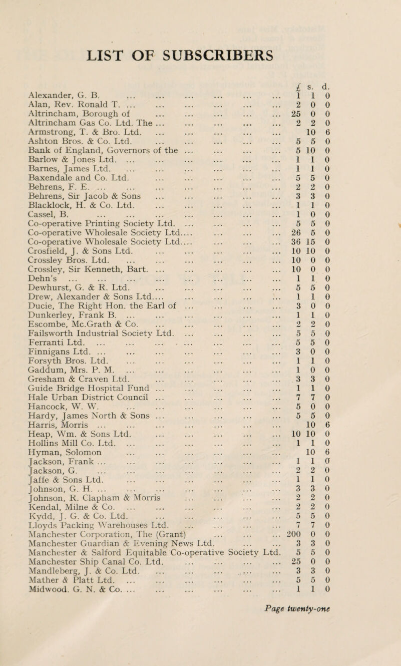 LIST OF SUBSCRIBERS Alexander, G. B. ... ... ... ... ... ... 1 1 Alan, Rev. Ronald T. ... ... ... ... ... ... 2 0 Altrincham, Borough of ... ... ... ... ... 25 0 Altrincham Gas Co. Ltd. The ... ... ... ... ... 2 2 Armstrong, T. & Bro. Ltd. ... ... ... ... ... 10 Ashton Bros. & Co. Ltd. ... ... ... ... ... 5 5 Bank of England, Governors of the ... ... ... ... 5 10 Barlow & Jones Ltd. ... ... ... ... ... ... 1 1 Barnes, James Ltd. ... ... ... ... ... ... 1 1 Baxendale and Co. Ltd. ... ... ... ... ... 5 5 Behrens, F. E. ... ... ... ... ... ... ... 2 2 Behrens, Sir Jacob & Sons ... ... ... ... ... 3 3 Blacklock, H. & Co. Ltd. ... ... ... ... ... 1 1 Cassel, B. ... ... ... ... ... ... ... 1 0 Co-operative Printing Society Ltd. ... ... ... ... 5 5 Co-operative Wholesale Society Ltd_ ... ... ... 26 5 Co-operative Wholesale Society Ltd_ ... ... ... 36 15 Crosfield, J. & Sons Ltd. ... ... ... ... ... 10 10 Crossley Bros. Ltd. ... ... ... ... ... ... 10 0 Crossley, Sir Kenneth, Bart. ... ... ... ... ... 10 0 Dehn’s ... ... ... ... ... ... ... ... 1 1 Dewhurst, G. & R. Ltd. ... ... ... ... ... 5 5 Drew, Alexander & Sons Ltd_ ... ... ... ... 1 1 Ducie, The Right Hon. the Earl of ... ... ... ... 3 0 Dunkerley, Frank B. ... ... ... ... ... ... 1 1 Escombe, Mc.Grath & Co. ... ... ... ... ... 2 2 Failsworth Industrial Society Ltd. ... ... ... ... 5 5 Ferranti Ltd. ... ... . ... ... ... 5 5 Finnigans Ltd. ... ... ... ... ... ... ... 3 0 Forsyth Bros. Ltd. ... ... ... ... ... ... 1 1 Gaddum, Mrs. P. M. ... ... ... ... ... ... 1 0 Gresham & Craven Ltd. ... ... ... ... ... 3 3 Guide Bridge Hospital Fund ... ... ... ... ... 1 1 Hale Urban District Council ... ... ... ... ... 7 7 Hancock, W. W. . 5 0 Hardy, James North & Sons ... ... ... ... ... 5 5 Harris, Morris ... ... ... ... ... ... ... 10 Heap, Wm. & Sons Ltd. ... ... ... ... ... 10 10 Hollins Mill Co. Ltd. ... ... ... ... ... ... 1 1 Hyman, Solomon ... ... ... ... ... ... 10 Jackson, Frank ... ... ... ... ... ... ... 1 1 Jackson, G. ... ... ... ... ... ... ... 2 2 Jaffe & Sons Ltd. ... ... ... ... ... ... 1 1 Johnson, G. H. ... ... ... ... ... ... ... 3 3 Johnson, R. Clapham & Morris ... ... ... ... 2 2 Kendal, Milne & Co. ... ... ... ... ... ... 2 2 Kydd, J. G. & Co. Ltd. . 5 5 Lloyds Packing Warehouses Ltd. ... ... ... ... 7 7 Manchester Corporation, The (Grant) ... ... ... 200 0 Manchester Guardian & Evening News Ltd. ... ... 3 3 Manchester & Salford Equitable Co-operative Society Ltd. 5 5 Manchester Ship Canal Co. Ltd. ... ... ... ... 25 0 Mandleberg, J. & Co. Ltd. ... ... ... . ... ... 3 3 Mather & Platt Ltd. ... ... ... ... ... ... 5 5 Midwood. G. N. & Co. ... ... ... ... ... ... 1 1 d. 0 0 0 0 6 0 0 0 0 0 0 0 0 0 0 0 0 0 0 0 0 0 0 0 0 0 0 0 0 0 0 0 0 0 0 0 6 0 0 6 0 0 0 0 0 0 0 0 0 0 0 0 0 0 0