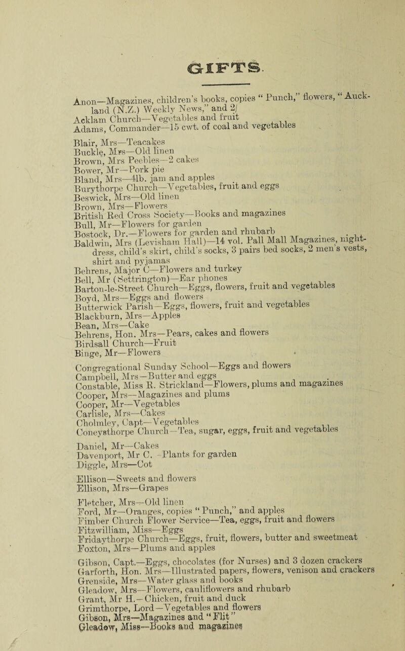 Anon—Magazines, children’s hooks, copies “ i unch, flowers, Auc - land (N.Z.) Weekly News,” and 2/ Acklam Church—Vegetables and fruit Adams, Commander—15 cwt. of coal and vegetables Blair, Mrs—Teacakes Buckle, Mrs—Old linen Brown, Mrs Peebles—2 cakes Bower, Mr—Pork pie Bland, Mrs—41b. jam and apples Burythorpe Church—Vegetables, fruit and eggs Beswick, Mrs—Old linen Brown, Mrs—Flowers British Bed Cross Society—Books and magazines Bull, Mr—Flowers for garden Bostock, Dr.—Flowers for garden and rhubarb . . Baldwin, Mrs (Levisham Hall)—14 vol. Pall Mall Magazines, night¬ dress, child’s skirt, child s socks, 3 pairs bed socks, 2 men s \es s, shirt and pyjamas Behrens, Major C—Flowers and turkey Bell, Mr (Settrington)—Ear phones Barton-le-Street Church—Eggs, flowers, fruit and vegetables Boyd, Mrs—Eggs and flowers Butterwick Parish—Eggs, flowers, fruit and vegetables Blackburn, Mrs—Apples Bean, Mrs—Cake Behrens, Hon. Mrs—Pears, cakes and flowers Birdsall Church—Fruit Binge, Mr—Flowers Congregational Sunday School—Eggs and flowers Campbell, Mrs-Butter and eggs Constable, Miss E, Strickland—Flowers, plums and magazines Cooper, Mrs—Magazines and plums Cooper, Mr—Vegetables Carlisle, Mrs—Cakes Cholmley, Capt—Vegetables Coneysthorpe Church-Tea, sugar, eggs, fruit and vegetables Daniel, Mr—Cakes Davenport, Mr C. Plants for garden Diggle, Mrs—Cot Ellison—Sweets and flowers Ellison, Mrs—Grapes Fletcher, Mrs—Old linen Ford, Mr—Oranges, copies “ Punch,” and apples Fimber Church Flower Service—Tea, eggs, fruit and flowers Fitzwilliam, Miss—Eggs Fridaythorpe Church—Eggs, fruit, flowers, butter and sweetmeat Foiton, Mrs—Plums and apples Gibson, Capt—Eggs, chocolates (for Nurses) and 3 dozen crackers Garforth, Hon. Mrs—Illustrated papers, flowers, venison and crackers Grenside, Mrs—Water glass and books Gleadow, Mrs—Flowers, cauliflowers and rhubarb Grant, Mr JEL- Chicken, fruit and duck Grimthorpe, Lord—Vegetables and flowers Gibson, Mrs—Magazines and “Flit” Gleadow, Miss—Books and niagazines