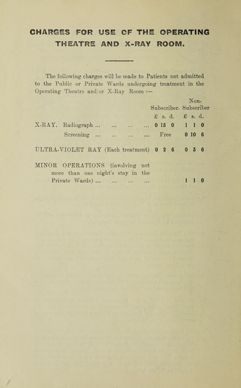 CHARGES FOR USE OF THE OPERATING THEATRE AND X-RAY ROOM, The following' charg-es will be made to Patients not admitted to the Public or Private Wards undergoing treatment in the Operating Theatre and/or X-Ray Boom. Non- Subscriber. Subscriber £ s. d. £ s. d. X-RAY. Radiograph. 0 15 0 S 1 0 Screening . Free 0 10 6 ULTRA-YIOLET RAY (Each treatment) 0 2 6 0 3 6 MINOR OPERATIONS (involving not more than one night’s stay in the Private Wards). ... ... 110