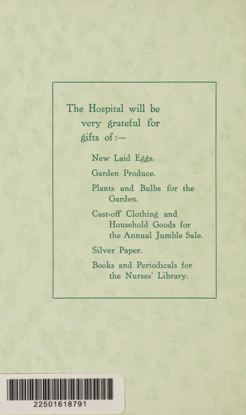 The Hospital will be very grateful for gifts of:— New Laid Eggs. Garden Produce. Plants and Bulbs for tKe Garden. Cast-off Clothing and Household Goods for the Annual Jumble Sale. Silver Paper. Books and Periodicals for the Nurses’ Library. 22501618791