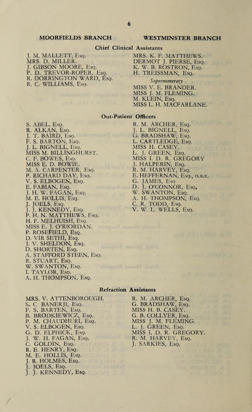 MOORFIELDS BRANCH WESTMINSTER BRANCH Chief Clinical Assistants J. M. MALLETT, Esq. MRS. D. MILLER. J. GIBSON MOORE, Esq. P. D. TREVOR-ROPER, Esq. R. DORRINGTON WARD, Esq. R. C. WILLIAMS, Esq. MRS. K. F. MATTHEWS. DERMOT J. PIERSE, Esq. K. W. B. ROSTRON, Esq. H. TREISSMAN, Esq. Supernumerary MISS V. E. BRANDER. MISS J. M. FLEMING. M. KLEIN, Esq. MISS L. H. MACFARLANE. Out-Patient Officers S. ABEL, Esq. R. ALKAN, Esq. J. T. BAIRD, Esq. F. S. BARTON. Esq. J. L. BIGNELL, Esq. MISS M. BILLINGHURST. C. F. BOWES, Esq. MISS E. D. BOWIE. M. A. CARPENTER, Esq. P. RICHARD DAY, Esq. V. S. ELBOGEN, Esq. E. FABIAN, Esq. J. H. W. FAGAN, Esq. M. E. HOLLIS, Esq. J. JOELS, Esq. ). T. KENNEDY, Esq. P. H. N. MATTHEWS, Esq. H. F. MELHUISH, Esq. MISS E. J. O’RIORDAN. P. ROSEFIELD, Esq. D. VIR SETHI, Esq. J. V. SHELDON, Esq. D. SHORTEN, Esq. A. STAFFORD STEEN, Esq. R. STUART, Esq. W. SWANTON, Esq. I. TAYLOR, Esq. A. H. THOMPSON, Esq. R. M. ARCHER, Esq. J. L. BIGNELL, Esq. G. BRADSHAW, Esq. L. CARTLEDGE, Esq. MISS H. CASEY. L. J. GREEN, Esq. MISS I. D. R. GREGORY J. HALPER1N, Esq. R. M. HARVEY, Esq. E. HEFFERNAN, Esq., o.b.e. G. JAMES, Eso D. J. O’CONNOR, Esq. W. SWANTON, Esq. A. H. THOMPSON, Esq. C. R. TODD, Esq. V. W. L. WELLS, Esq. Refraction Assistants MRS. V. ATTENBOROUGH. S. C BANERJI, Esq. F. S. BARTEN, Esq. B. BRODKIEWICZ, Esq. P. M. CHAUDHURI, Esq. V. S. ELBOGEN, Esq. G. D. ELPHICK, Esq. I. W. H. FAGAN, Esq. C. GOLDIN, Esq. R. E. HENRY, Esq. M. E. HOLLIS, Esq. J. R. HOLMES, Esq. J. JOELS, Esq. J. J. KENNEDY, Esq. R. M. ARCHER, Esq. G. BRADSHAW, Esq. MISS H. B. CASEY. G. B. COLLYER, Esq. MISS J. M. FLEMING. L. J. GREEN, Esq. MISS I. D. R. GREGORY. R. M. HARVEY, Esq. J. SARKIES, Esq.