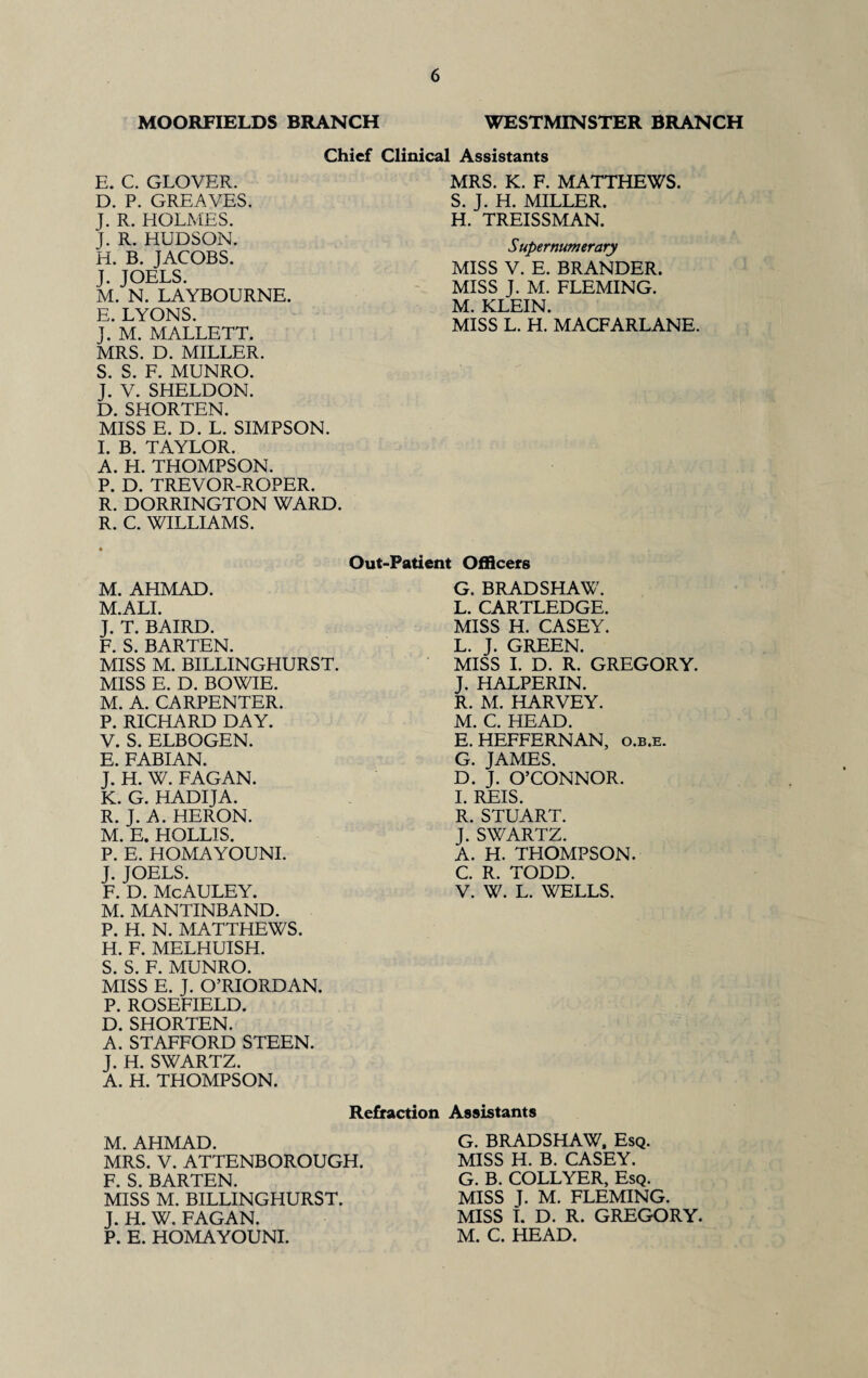 MOORFIELDS BRANCH WESTMINSTER BRANCH Chief Clinical Assistants E. C. GLOVER. D. P. GREAVES. J. R. HOLMES. J. R. HUDSON. H. B. JACOBS. J. JOELS. M. N. LAYBOURNE. E. LYONS. J. M. MALLETT. MRS. D. MILLER. S. S. F. MUNRO. J. V. SHELDON. D. SHORTEN. MISS E. D. L. SIMPSON. I. B. TAYLOR. A. H. THOMPSON. P. D. TREVOR-ROPER. R. DORRINGTON WARD. R. C. WILLIAMS. MRS. K. F. MATTHEWS. S. J. H. MILLER. H. TREISSMAN. Supernumerary MISS V. E. BRANDER. MISS J. M. FLEMING. M. KLEIN. MISS L. H. MACFARLANE. Out-Patient Officers M. AHMAD. M.ALI. J. T. BAIRD. F. S. BARTEN. MISS M. BILLINGHURST. MISS E. D. BOWIE. M. A. CARPENTER. P. RICHARD DAY. V. S. ELBOGEN. E. FABIAN. J. H. W. FAGAN. K. G. HADIJA. R. J. A. HERON. M. E. HOLLIS. P. E. HOMAYOUNI. J. JOELS. F. D. McAULEY. M. MANTINBAND. P. H. N. MATTHEWS. H. F. MELHUISH. S. S. F. MUNRO. MISS E. J. O’RIORDAN. P. ROSEFIELD. D. SHORTEN. A. STAFFORD STEEN. J. H. SWARTZ. A. H. THOMPSON. G. BRADSHAW. L. CARTLEDGE. MISS H. CASEY. L. J. GREEN. MISS I. D. R. GREGORY. J. HALPERIN. R. M. HARVEY. M. C. HEAD. E. HEFFERNAN, o.b.e. G. JAMES. D. J. O’CONNOR. I. REIS. R. STUART. J. SWARTZ. A. H. THOMPSON. C. R. TODD. V. W. L. WELLS. Refraction Assistants M. AHMAD. MRS. V. ATTENBOROUGH. F. S. BARTEN. MISS M. BILLINGHURST. J. H. W. FAGAN. P. E. HOMAYOUNI. G. BRADSHAW. Esq. MISS H. B. CASEY. G. B. COLLYER, Esq. MISS T- M. FLEMING. MISS I. D. R. GREGORY. M. C. HEAD.