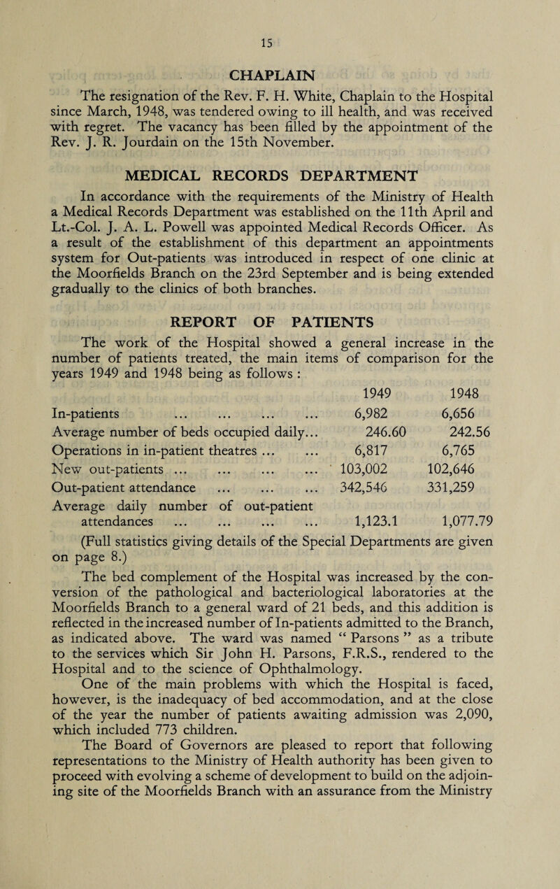 CHAPLAIN The resignation of the Rev. F. H. White, Chaplain to the Hospital since March, 1948, was tendered owing to ill health, and was received with regret. The vacancy has been filled by the appointment of the Rev. J. R. Jourdain on the 15th November. MEDICAL RECORDS DEPARTMENT In accordance with the requirements of the Ministry of Health a Medical Records Department was established on the 11th April and Lt.-Col. J. A. L. Powell was appointed Medical Records Officer. As a result of the establishment of this department an appointments system for Out-patients was introduced in respect of one clinic at the Moorfields Branch on the 23rd September and is being extended gradually to the clinics of both branches. REPORT OF PATIENTS The work of the Hospital showed a general increase in the number of patients treated, the main items of comparison for the years 1949 and 1948 being as follows : 1949 1948 In-patients ... ... ... ... 6,982 6,656 Average number of beds occupied daily... 246.60 242.56 Operations in in-patient theatres ... ... 6,817 6,765 New out-patients ... ... ... ... ' 103,002 102,646 Out-patient attendance ... ... ... 342,546 331,259 Average daily number of out-patient attendances ... ... ... ... 1,123.1 1,077.79 (Full statistics giving details of the Special Departments are given on page 8.) The bed complement of the Hospital was increased by the con¬ version of the pathological and bacteriological laboratories at the Moorfields Branch to a general ward of 21 beds, and this addition is reflected in the increased number of In-patients admitted to the Branch, as indicated above. The ward was named “ Parsons ” as a tribute to the services which Sir John H. Parsons, F.R.S., rendered to the Hospital and to the science of Ophthalmology. One of the main problems with which the Hospital is faced, however, is the inadequacy of bed accommodation, and at the close of the year the number of patients awaiting admission was 2,090, which included 773 children. The Board of Governors are pleased to report that following representations to the Ministry of Health authority has been given to proceed with evolving a scheme of development to build on the adjoin¬ ing site of the Moorfields Branch with an assurance from the Ministry