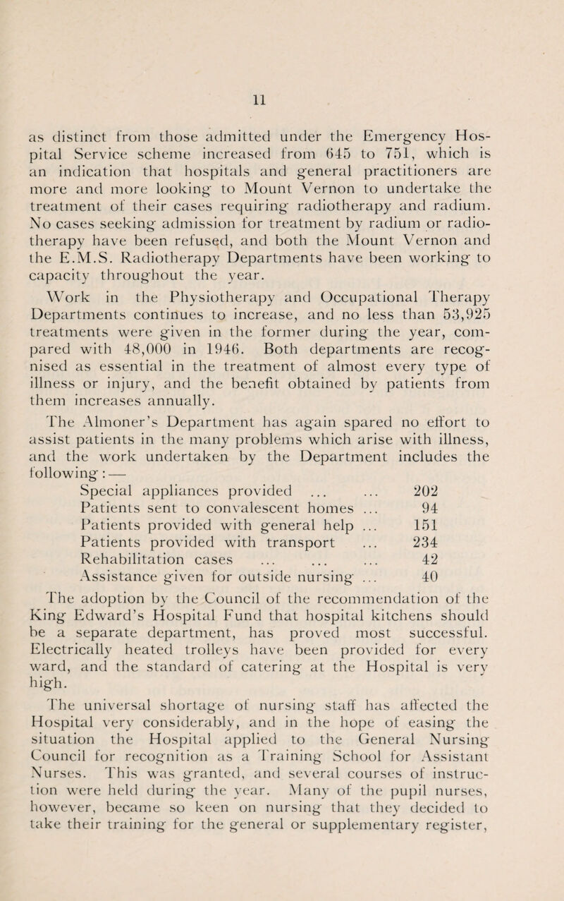 as distinct from those admitted under the Emergency Hos¬ pital Service scheme increased from 645 to 751, which is an indication that hospitals and general practitioners are more and more looking' to Mount Vernon to undertake the treatment of their cases requiring radiotherapy and radium. No cases seeking admission for treatment by radium or radio¬ therapy have been refused, and both the Mount Vernon and the E.M.S. Radiotherapy Departments have been working to capacity throughout the year. Work in the Physiotherapy and Occupational Therapy Departments continues to increase, and no less than 53,925 treatments were given in the former during the year, com¬ pared with 48,000 in 1946. Both departments are recog¬ nised as essential in the treatment of almost every type of illness or injury, and the benefit obtained by patients from them increases annually. The Almoner’s Department has again spared no effort to assist patients in the many problems which arise with illness, and the work undertaken by the Department includes the following : — Special appliances provided ... ... 202 Patients sent to convalescent homes ... 94 Patients provided with general help ... 151 Patients provided with transport ... 234 Rehabilitation cases ... ... ... 42 Assistance given for outside nursing ... 40 The adoption by the Council of the recommendation of the King Edward’s Hospital Fund that hospital kitchens should be a separate department, has proved most successful. Electrically heated trolleys have been provided for every ward, and the standard of catering at the Hospital is very high. The universal shortage of nursing staff has affected the Hospital very considerably, and in the hope of easing the situation the Hospital applied to the General Nursing Council for recognition as a draining School for Assistant Nurses, This was granted, and several courses of instruc¬ tion were held during the year. Many of the pupil nurses, however, became so keen on nursing that they decided to take their training for the general or supplementary register,