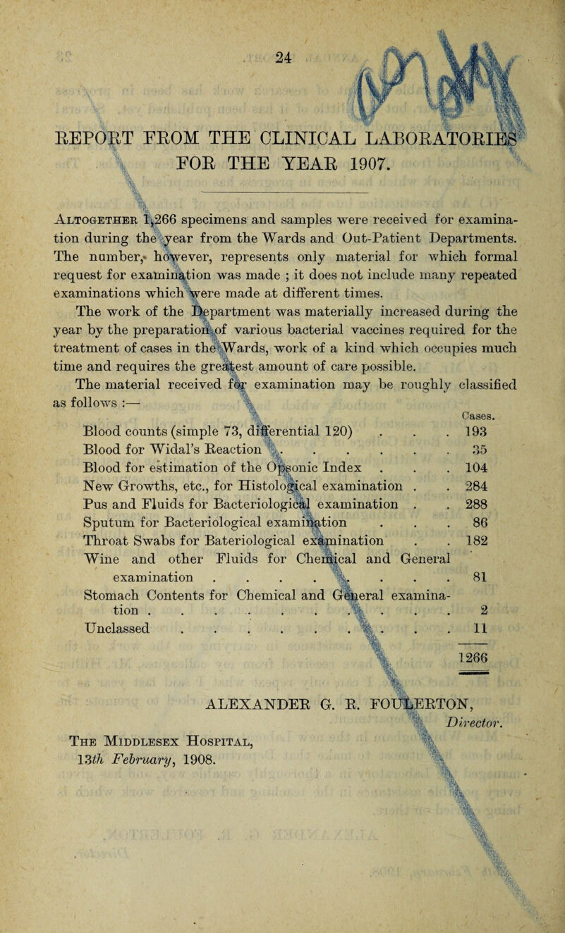 EEPOET FEOM THE CLINICAL LABOEATOEIES FOE THE YEAE 1907. . Altogether 1i,266 specimens and samples were received for examina¬ tion during the year from the Wards and Out-Patient Departments. The number,- however, represents only material for which formal request for examination was made ; it does not include many repeated examinations which were made at different times. The work of the department was materially increased during the year by the preparation s,of various bacterial vaccines required for the treatment of cases in the Wards, work of a kind which occupies much time and requires the greyest amount of care possible. The material received fop examination may be roughly classified as follows :— \ Blood counts (simple 73, differential 120) Blood for Widal’s Keaction %. ..... Blood for estimation of the Opsonic Index New Growths, etc., for Histological examination . Pus and Fluids for Bacteriological examination . Sputum for Bacteriological examination Throat Swabs for Bateriological exsljniiiation Wine and other Fluids for Cheriiical and General examination .... Ik. rll . % Stomach Contents for Chemical and General examina¬ tion ...... Unclassed. Wh % 1 Cases. 193 35 104 284 288 86 182 81 2 11 1266 ALEXANDEB G. B. FOULEBTON, . ’ # Director The Middlesex Hospital,