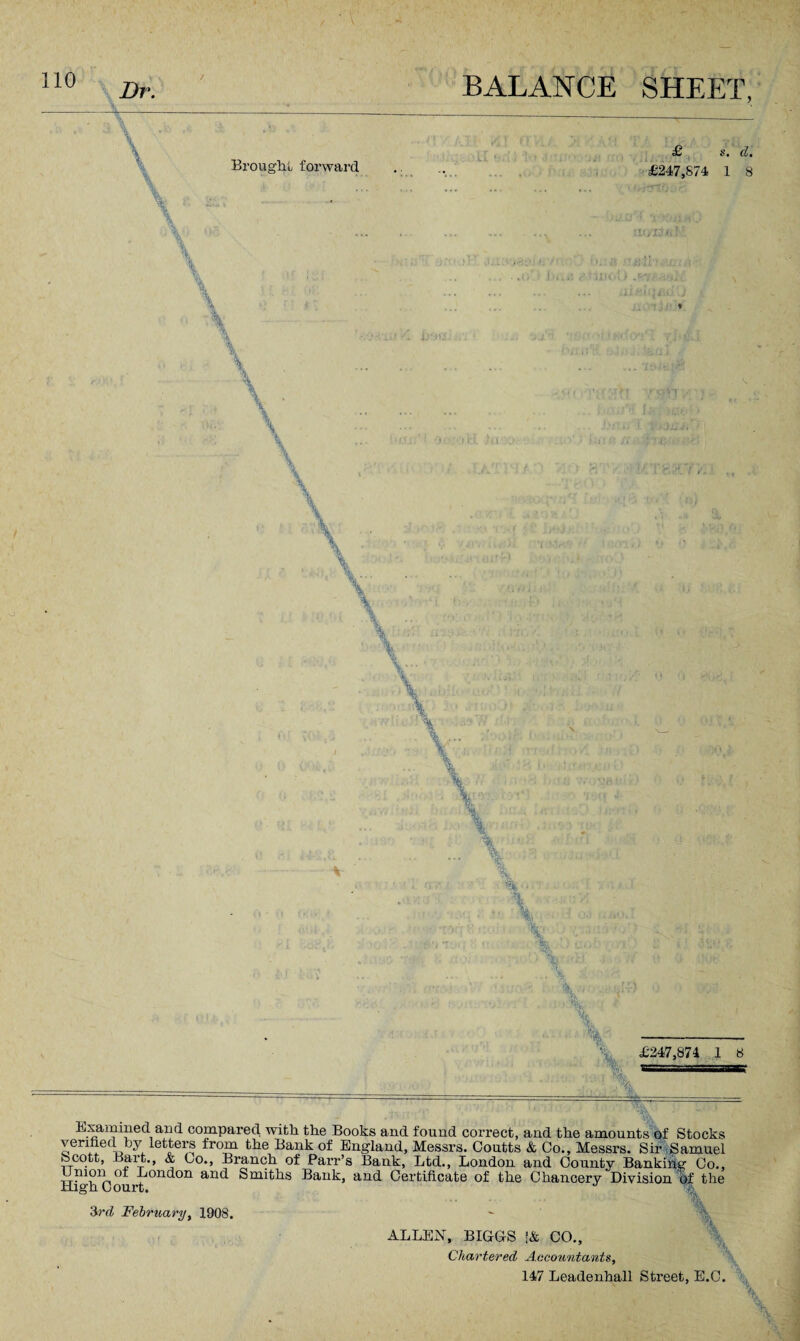 110 Brought forward £ t. d. £247,874 1 8 Exammcd and compared with the Books and found correct, and the amounts of Stocks verified by letters from the Bank of England, Messrs. Coutts & Co., Messrs. Sir Samuel Scott, Bart., & Co., Branch of Parr’s Bank, Ltd., London and County Banking Co., London and Snaths Bank, and Certificate of the Chancery Division of the High Court. J 3rd February, 1908. ALLEN, BIGGS f& CO., Chartered Accountants, 147 Leadenhall Street, E.C.