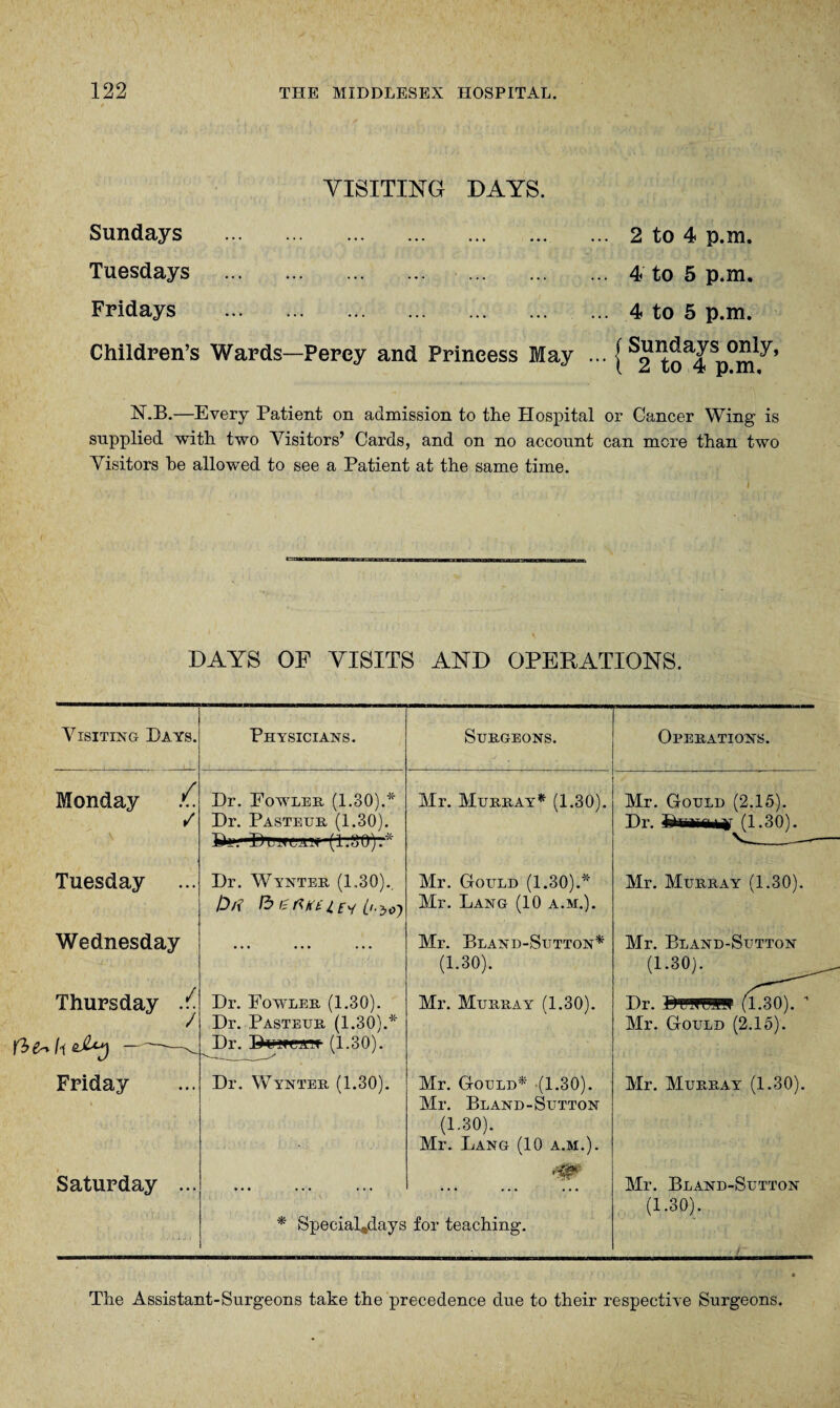 VISITING DAYS. Sundays .2 to 4 p.m. Tuesdays .4 to 5 p.m. Fridays . .4 to 5 p.m. Children’s Wards—Percy and Princess May ... { S2 Sp°m N.B.—Every Patient on admission to the Hospital or Cancer Wing is supplied with two Visitors’ Cards, and on no account can mere than two Visitors he allowed to see a Patient at the same time. DAYS OF VISITS AND OPERATIONS. Visiting Days. Monday Tuesday / / Wednesday Thursday [be~h - Friday Saturday ... Physicians. Dr. Fowler (1.30).* Dr. Pasteur (1.30). S*. (l.ofr).* Dr. Wynter (1.30)., £>/? ft tfiKUEv O-'bo') Dr. Fowler (1.30). Dr. Pasteur (1.30).* Dr. DuHCAnr (1.30). Dr. Wynter (1.30). Surgeons. Mr. Murray* (1.30). Mr. Gould (1.30).* Mr. Lang (10 a.m.). Mr. B>LAND-SuTTON* (1.30). Mr. Murray (1.30). Mr. Gould* (1.30). Mr. Bland-Sutton (1.30). Mr. Lang (10 a.m.). ,-$gc * « Speeial,days for teaching. Operations. Mr. Gould (2.15). Dr. (1.30). Mr. Murray (1.30). Mr. Bland-Sutton (1.30). Dr. (1.30). 1 Mr. Gould (2.15). Mr. Murray (1.30). Mr. Bland-Sutton (1.30). The Assistant-Surgeons take the precedence due to their respective Surgeons.