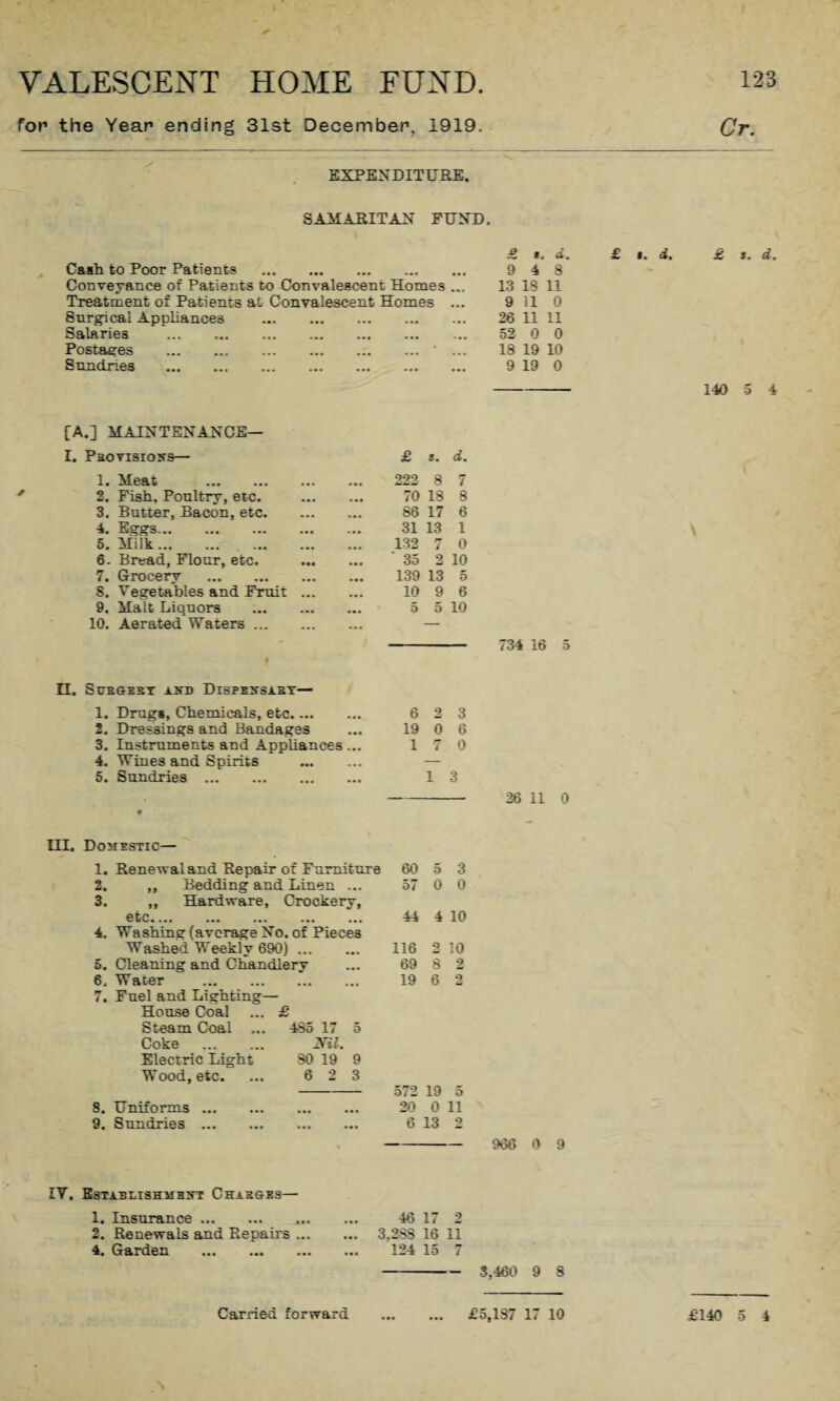 for* the Year ending 31st December, 1919. EXPENDITURE. SAMARITAN FUND. Cr. Cash to Poor Patients .. Conveyance of Patients to Convalescent Homes ... Treatment of Patients at Convalescent Homes ... Surgical Appliances . Salaries Postages .• ... Sundries . £ #, d. 9 4 8 13 13 11 9 il 0 26 11 11 52 0 0 18 19 10 9 19 0 [A.] MAINTENANCE— Pbovisions— £ s. d. 1. Meat . 222 8 7 2. Fish, Poultry, etc. 70 13 8 3. Butter, Bacon, etc. 86 17 6 4. Eggs.. 31 13 1 5. Milk. . 132 7 0 6. Bread, Flour, etc. '35 2 10 7. Grocery . 139 13 5 S. Vegetables and Fruit ... 10 9 6 9. Malt Liquors .. ... 5 5 10 10. Aerated Waters ... 734 16 5 II. StTBGEBT 11TD DlSTKNSAST- 6 2 3 19 0 6 1 7 0 1 3 -- 26 11 0 1. Drugs, Chemicals, etc. 2. Dressings and Bandages 3. Instruments and Appliances ... 4. Wines and Spirits . 5. Sundries . £ i. d. £ t. d. 140 5 4 III. Domestic— 1. Renewal and Repair of Furniture 60 5 3 2. ,, Bedding and Linen ... 0/ 0 0 3. ,, Hardware, Crockery, etc.... ... • a. 44 4 10 4. Washing (average No. of Pieces Washed Weeklv 690). 116 9. 10 5. Cleaning and Chandlerv 69 8 2 6, Water . ... ... 19 6 9 mJ 7. Fuel and Lighting— House Coal £ Steam Coal ... 485 17 5 Coke . mi. Electric Light 30 19 9 Wood, etc. 6 2 3 572 19 5 8. Uniforms. 20 0 ii 9. Sundries . ... ... 6 13 2 966 0 9 IV. Establishment Chabges— 1. Insurance. 46 17 2 2. Renewals and Repairs ... ... 3.288 16 11 4. Garden .. 124 15 7 - 3,460 9 8