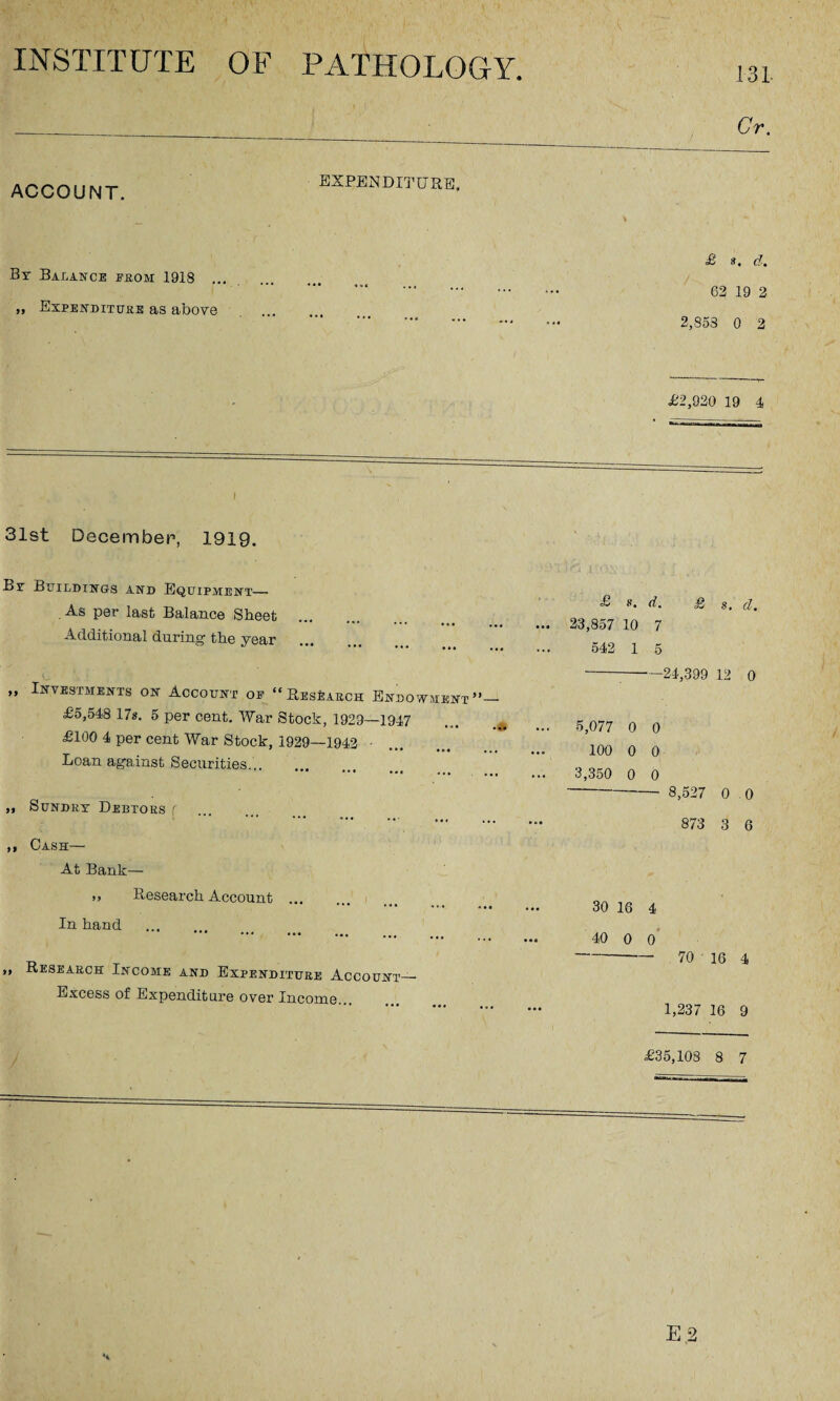 131- ACCOUNT. EXPENDITURE. By Balance erom 1918 ... » Expenditure as above £ ». d: 62 19 2 2,853 0 2 £2,920 19 4 31st December, 1919. By Buildings and Equipment— As per last Balance Sheet Additional during the year ” Investments on Account oe “Research Endowment £5,548 17*. 5 per cent. War Stock, 1929—1947 £100 4 per cent War Stock, 1929—1942 • Loan against Securities... ,, Sundry Debtors f ,, Cash— At Bank— ,» Research Account ... In hand . „ Research Income and Expenditure Account— Excess of Expenditure over Income... £ *. d. £ s. d. 23,857 10 7 542 1 5 --24,399 12 0 5,077 0 0 100 0 0 3,350 0 0 -- 8,527 0 0 873 3 6 30 16 4 40 0 0 ---70 16 4 1,237 16 9 £35,103 8 7 E 2 *4