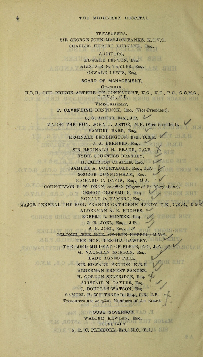 TRE.ASURER3. SIR GEIORGE JOHN MARJORIBANKS, K.C.Y.O. OHARLEIS HUBERT BURNAND, Esq. AUDITORS. EDWARD FENTON, Esq. ALISTAIR N. TAYLER, Esq. OSWALD LEWIS, Esq, BOARD OF P.1ANAGE1VIENT. Chairman, H.R.H. THE PRINCE ARTHUR OF CONNAUGHT, K.G., K.T., P.C., G.C.M.G.. G.C.V.O., C.B. Vice-Chairman. E. CAVENDISH BENTINOK, Esq. (Vice-Presuleiit). S. G. ASHER, Esq,, J.P. ly MAJOR THE HON. JOHN J. ASTOR, M.P. (Vice-President). SAMUEL BAER, Esq. l/ REGINALD BEDDINGTON, Esq., 0.1^, J. A. BERNERS, Esq SIR REGINALD H. BRADE, G.C.B. SYBIL COUNTESS BRASSEY. H. EGERTON CLARKE, Esq. SAMUEL A. COURTAULD, Esq., J.P. GEORGE CUNNINGHAM, Esq. «■> RICHARD C. DAVIS, Esq., M.A. V COUNCILLOR F. W. DEAN, ex-officio (Mayor of St. Marylebone). GEORGE GROS SMITH, Esq. RONALD O. HAMBRO, Esq. ^ MAJOR GENERAL THE HON. FRANCIS GATHORNE HARDY. C.B., C.M.G., D S ALDERMAN A. E. HUGHES. ROBERT L. HUNTER, Esq. J. B. JOEL, Esq., J.P. S. B. JOEL, Esq., J.P. THE HON. URSULA LAWLBY. THE LORD MILDMAY OP PLETE, P.C G. VAUGHAN MORGAN, Esq. LADY AGNES PEEL. SIR EDWARD PENTON, K.B.E. ALDERMAN ERNEST SANGER. u/ H. GORDON SELPRJDGB, Esq. ^ ALISTAIR N. TAYLER, Esq. l/ J. DOUGLAS WATSON, Esq. SAMUEL H. WHITBREAD, Esq., C.B., J.P. Treasurers are ex-officio Merabei’s of the Board. HOUSE GOVERNOR. WALTER KEWLEY, Esq. SECRETARY. S. R. C. PLIMSOLL, Esq., M.O., P.A.