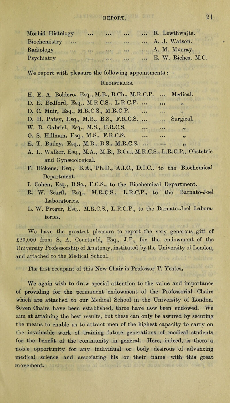 Morbid Histology Biochemistry Radiology Psychiatry ... R. Lewthwaite. ... A. J. Watson. ... A. M. Murray. ... E. W. Riches, M.C. We report with pleasure the following appointments :— Registrars. H. E. A. Boldero, Esq., M.B., B.Ch., M.R.C.P. ... Medical. D. E. Bedford, Esq., M.R.C.S., L.R.C.P. ... ... „ D. C. Muir, Esq., M.R.C.S., M.R.C.P. D. H. Patey, Esq., M.B., B.S., F.R.C.S. Surgical. W. B. Gabriel, Esq., M.S., F.R.C.S. ... ... „ 0. S. Hillman, Esq., M.S., F.R.C.S. ... ... „ E. T. Bailey, Esq., M.B., B.S., M.R.C.S. ... ... „ A. L. Walker, Esq., M.A., M.B., B.Ch., M.R.C.S., L.R.C.P., Obstetric and G3ni3ecological. F. Dickens, Esq., B.A., Ph.D., A.I.C., D.I.C., to the Biochemical Department. I. Cohen, Esq., B.Sc., F.C.S., to the Biochemical Department. R. W. Scarff, Esq., M.R.C.S., L.R.C.P., to the Barnato-Joel Laboratories. L. WL Proger, Esq., M.R.C.S., L.R.C.P., to the Barnato-Joel Labora¬ tories. We have the greatest pleasure to report the very generous gift of £20,000 from S. A. Courtauld, Esq., J.P., for the endowment of the Eniversity Professorship of Anatomy, instituted by the University of London, and attached to the Medical School. The first occupant of this New Chair is Professor T. Yeates, We again wish to draw special attention to the value and importance of providing for the permanent endowment of the Professorial Chairs which are attached to our Medical School in the University of London. Seven Chairs have been established, three have now been endowed. We aim at attaining the best results, but these can only be assured by securing the means to enable us to attract men of the highest capacity to carry on the invaluable work of training future generations of medical students for the benefit of the community in general. Here, indeed, is there a noble opportunity for any individual or body desirous of advancing medical science and associating his or their name with this great movement.
