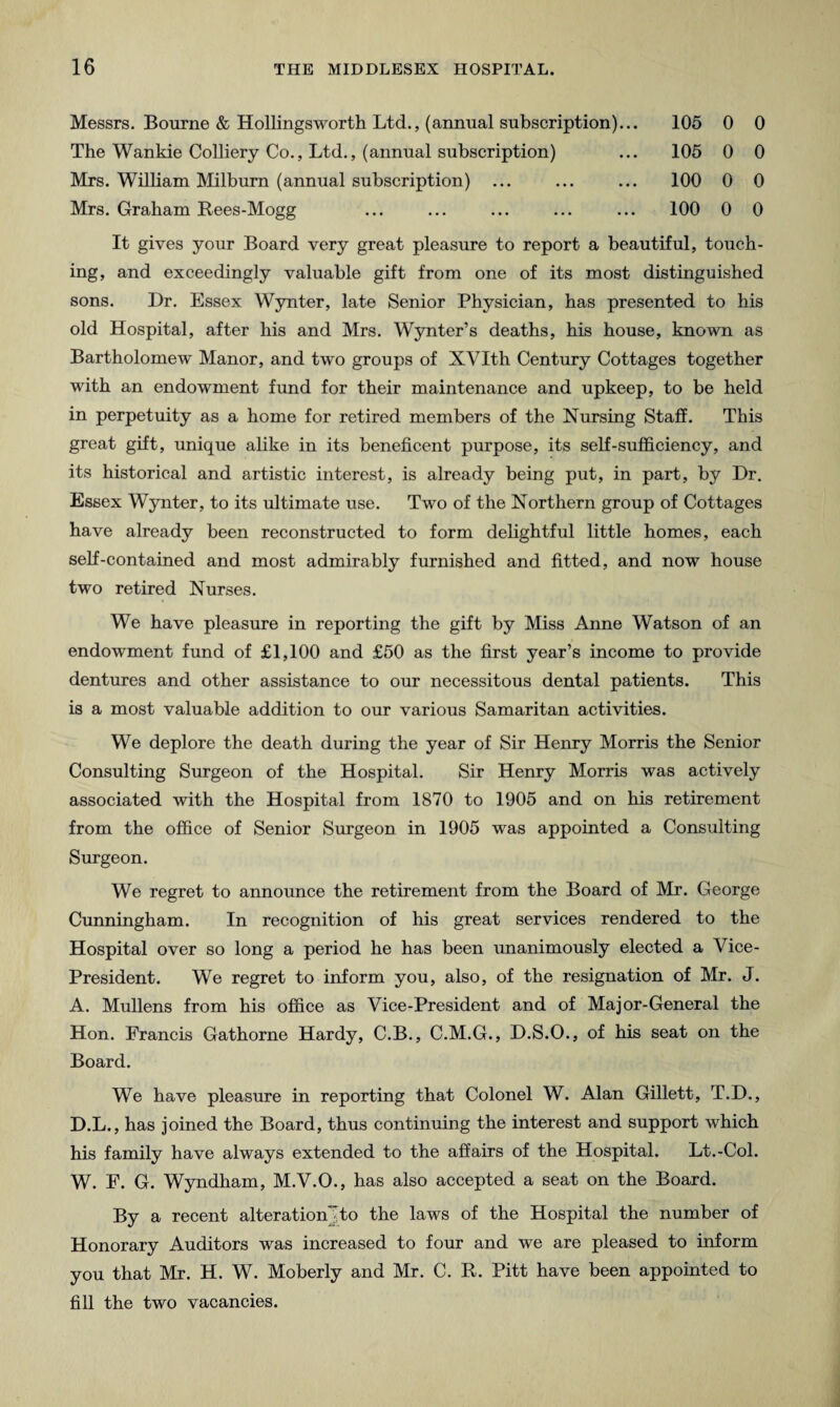 Messrs. Bourne & Hollingsworth Ltd., (annual subscription)... The Wankie Colliery Co., Ltd., (annual subscription) Mrs. William Milbum (annual subscription) ... Mrs. Graham Rees-Mogg 105 0 0 105 0 0 100 0 0 100 0 0 It gives your Board very great pleasure to report a beautiful, touch¬ ing, and exceedingly valuable gift from one of its most distinguished sons. Dr. Essex Wynter, late Senior Physician, has presented to his old Hospital, after his and Mrs. Wynter’s deaths, his house, known as Bartholomew Manor, and two groups of XVIth Century Cottages together with an endowment fund for their maintenance and upkeep, to be held in perpetuity as a home for retired members of the Nursing Staff. This great gift, unique alike in its beneficent purpose, its self-sufficiency, and its historical and artistic interest, is already being put, in part, by Dr. Essex Wynter, to its ultimate use. Two of the Northern group of Cottages have already been reconstructed to form delightful little homes, each self-contained and most admirably furnished and fitted, and now house two retired Nurses. We have pleasure in reporting the gift by Miss Anne Watson of an endowment fund of £1,100 and £50 as the first year’s income to provide dentures and other assistance to our necessitous dental patients. This is a most valuable addition to our various Samaritan activities. We deplore the death during the year of Sir Henry Morris the Senior Consulting Surgeon of the Hospital. Sir Henry Morris was actively associated with the Hospital from 1870 to 1905 and on his retirement from the office of Senior Surgeon in 1905 was appointed a Consulting Surgeon. We regret to announce the retirement from the Board of Mr. George Cunningham. In recognition of his great services rendered to the Hospital over so long a period he has been unanimously elected a Vice- President. We regret to inform you, also, of the resignation of Mr. J. A. Mullens from his office as Vice-President and of Major-General the Hon. Francis Gathorne Hardy, C.B., C.M.G., D.S.O., of his seat on the Board. We have pleasure in reporting that Colonel W. Alan Gillett, T.D., D.L., has joined the Board, thus continuing the interest and support which his family have always extended to the affairs of the Hospital. Lt.-Col. W. F. G. Wyndham, M.V.O., has also accepted a seat on the Board. By a recent alteration];to the laws of the Hospital the number of Honorary Auditors was increased to four and we are pleased to inform you that Mr. H. W. Moberly and Mr. C. R. Pitt have been appointed to fill the two vacancies.
