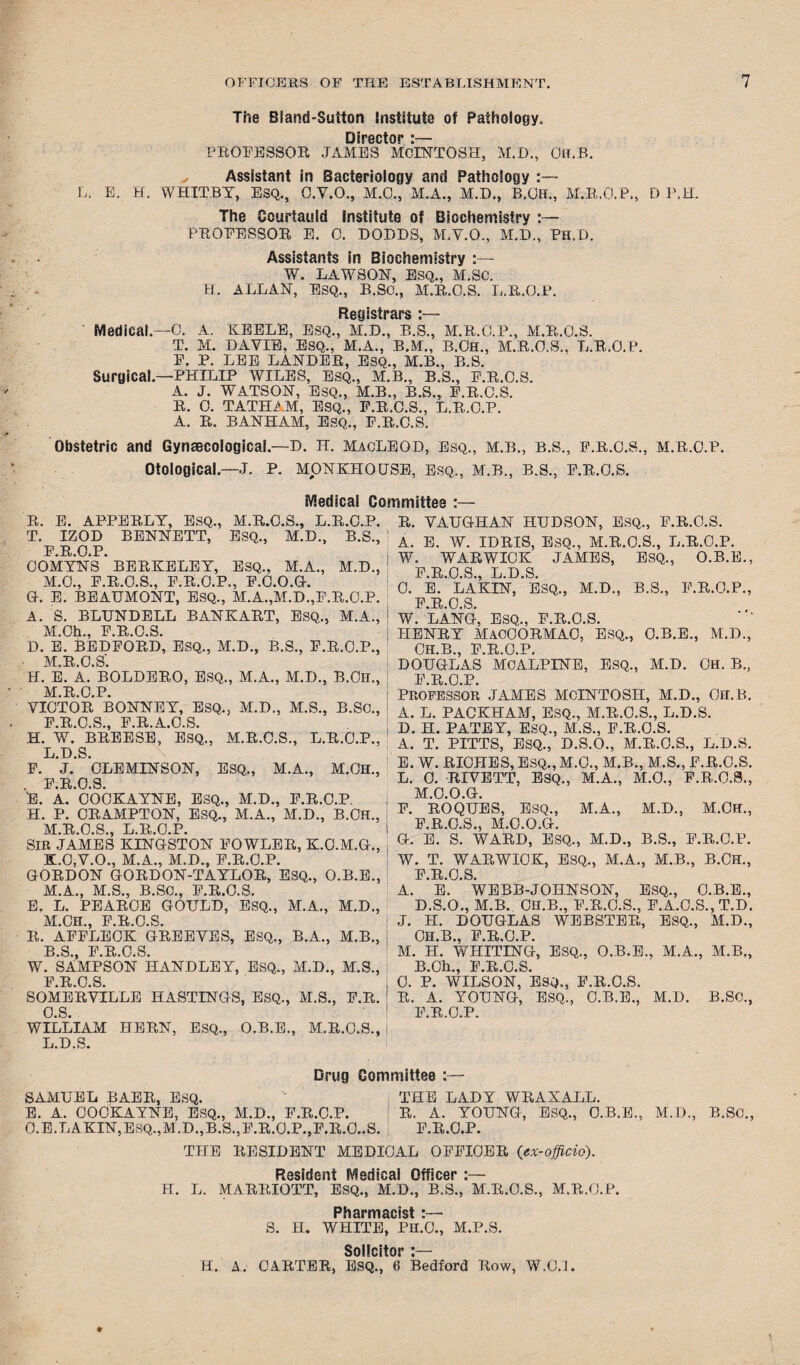 The Bland-Sutton Institute of Pathology. Director :— PROFESSOR JAMES MCINTOSH, M.D., OH.B. x Assistant in Bacteriology and Pathology L, E. H, WHITBY, ESQ., O.Y.O., M.O., M.A., M.D., B.OH., M.R.O.P., D P.H. The Courtauld Institute of Biochemistry :— PROFESSOR E. 0. DOBBS, M.Y.O., M.B., Ph.D. Assistants in Biochemistry :— W. LAWSON, ESQ., M.SC. H. ALLAN, ESQ., B.Sc., M.R.O.S. L.R.O.P. Registrars *_— Medical.—o. a. keele, esq., m.d., b.s., m.r.g.p., m.r.o.s. T. M. DAVIE, ESQ., M.A., B.M., B.OH., M.R.O.S., L.R.O.P. F. P. LEE LANDER, ESQ., M.B., B.S. Surgical—PHILIP WILES, ESQ., M.B., B.S., F.R.C.S. A. J. WATSON, ESQ., M.B., B.S., F.R.C.S. R. 0. TATHAM, ESQ., F.R.C.S., L.R.O.P. A. R. BANHAM, ESQ., F.R.C.S. Obstetric and Gynaecological—D. H. MacLeod, esq., M.B., b.s., f.r.O.S., M.R.O.P. Otological.—J. P. MONKHOUSE, ESQ,, M.B., B.S., F.R.O.S. Medical Committee :— R. E. APPERLY, ESQ., M.R.O.S., L.R.O.P. R. VAUGHAN HUDSON, ESQ., F.R.O.S. T. IZOD BENNETT, ESQ., M.D., B.S., F.R.O.P. COMYNS BERKELEY, ESQ., M.A., M.D., M.O., F.R.O.S., F.R.O.P., F.O.O.G. G. E. BEAUMONT, ESQ., M.A.,M.D.,F.R.O.P. A. S. BLUNDELL BANKART, ESQ., M.A., M.Ch., F.R.O.S. D. E. BEDFORD, ESQ., M.D., B.S., F.R.O.P., M.R.O.S'. H. E. A. BOLDERO, ESQ., M.A., M.D., B.OH., M.R.O.P. VICTOR BONNEY, ESQ., M.D., M.S., B.SC., F.R.O.S., F.R.A.O.S. H. W. BREESE, ESQ., M.R.O.S., L.R.O.P., L. D.S. F. J. CLEMINSON, ESQ., M.A., M.CH., . F.R.O.S. E. A. COCKAYNE, ESQ., M.D., F.R.O.P. H. P. CRAMPTON, ESQ., M.A., M.D., B.OH., M. R.O.S., L.R.O.P. SIR JAMES KINGSTON FOWLER, K.O.M.G., K. O,V.O., M.A., M.D., F.R.O.P. GORDON GORDON-TAYLOR, ESQ., O.B.E., M.A., M.S., B.SC., F.R.O.S. E. L. PEAROE GOULD, ESQ., M.A., M.D., M.CH., F.R.O.S. R. AFFLECK GREEVES, ESQ., B.A., M.B., B S F B> 0 S W. SAMPSON HANDLEY, ESQ., M.D., M.S., F.R.O.S. SOMERVILLE HASTINGS, ESQ., M.S., F.R. O.S. WILLIAM HERN, ESQ., O.B.E., M.R.O.S., L. D.S. Drug Committee :— SAMUEL BAER, ESQ. THE LADY WRAXALL. E. A. OOOKAYNE, ESQ., M.D., F.R.O.P. R. A. YOUNG, ESQ., O.B.E., M.D., B.SC., O.E.LAKIN, ESQ., M.D.,B.S., F.R.O.P., F.R.O..S. F.R.O.P. THE RESIDENT MEDICAL OFFIOER (ex-officio). Resident Medical Officer :— H. L. MARRIOTT, ESQ., M.D., B.S., M.R.O.S., M.R.O.P. Pharmacist S. H. WHITE, PH.O., M.P.S. Solicitor :— H. A. CARTER, esq., 6 Bedford Row, W.O.J. A. E. W. IDRIS, ESQ., M.R.O.S., L.R.O.P. ! W. WARWICK JAMES, ESQ., O.B.E., F.R.O.S., L.D.S. 0. E. LAKIN, ESQ., M.D., B.S., F.R.O.P., F.R.O.S. W. LANG, ESQ., F.R.O.S. HENRY MACOORMAC, ESQ., O.B.E., M.D., Ch.B., F.R.O.P. DOUGLAS MCALPINE, ESQ., M.D. OH. B., F.R.O.P. PROFESSOR JAMES MCINTOSH, M.D., OH.B. A. L. PAGKHAM, ESQ., M.R.O.S., L.D.S. D. H. PATEY, ESQ., M.S., F.R.O.S. A. T. PITTS, ESQ., D.S.O., M.R.O.S., L.D.S. E. W. RICHES, Esq., M.O., M.B., M.S., F.R.O.S. L. 0. RIVETT, ESQ., M.A., M.O., F.R.O.S., M.O.O.G. F. ROQUES, ESQ., M.A., M.D., M.CH., | F.R.O.S., M.O.O.G. G. E. S. WARD, ESQ., M.D., B.S., F.R.O.P. W. T. WARWICK, ESQ., M.A., M.B., B.OH., F R 0 S A. ' E. ' WEBB-JOHNSON, ESQ., O.B.E., D.S.O., M.B. OH.B., F.R.O.S., F.A.O.S., T.D. J. H. DOUGLAS WEBSTER, ESQ., M.D., OH.B., F.R.O.P. M. H. WHITING, ESQ., O.B.E., M.A., M.B„ B.Ch., F.R.O.S. i 0. P. WILSON, ESQ., F.R.O.S. 1 R. A. YOUNG, ESQ., O.B.E., M.D. B.Sc., 1 F.R.O.P.