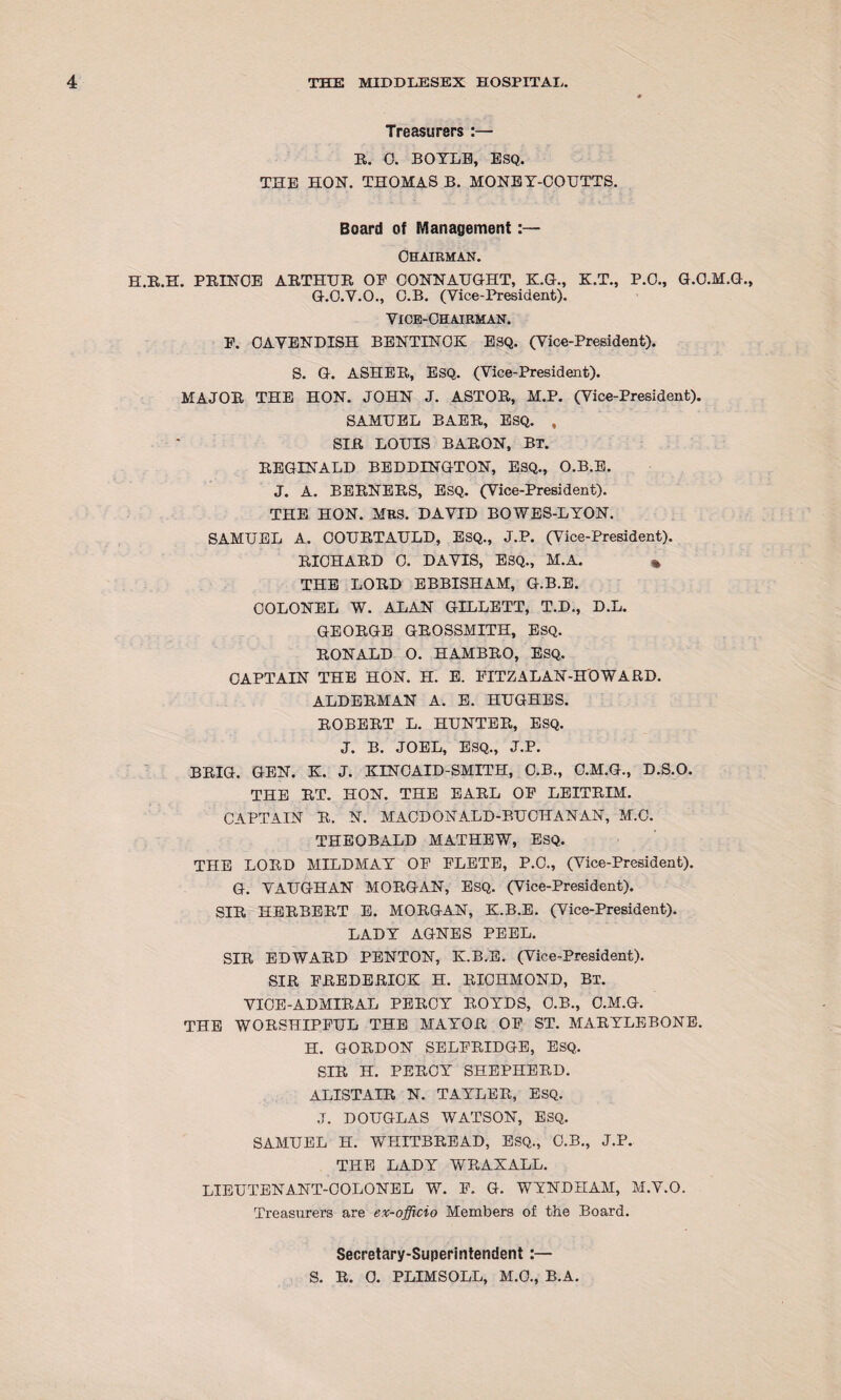 Treasurers :— B. 0. BOYLE, ESQ. THE HON. THOMAS B. MONE Y-COUTTS. Board of Management:— Chairman. H.K.H. PEINCE AETHUE OE CONN ALT GHT, K.G., K.T., P.C., G.C.M.G., G.C.V.O., C.B. (Vice-President). Vice-Chairman. E. CAVENDISH BENTINCK ESQ. (Vice-President). S. G. ASHEB, ESQ. (Vice-President). MAJOE THE HON. JOHN J. ASTOE, M.P. (Vice-President). SAMUEL BAEE, ESQ. , SIE LOUIS BASON, Bt. EEGINALD BEDDINGTON, ESQ., O.B.E. J. A. BEENEES, ESQ. (Vice-President). THE HON. MRS. DAVID BOWES-LYON. SAMUEL A. COUETAULD, ESQ., J.P. (Vice-President). EIOHAED 0. DAVIS, ESQ., M.A. * THE LOED EBBISHAM, G.B.E. COLONEL W. ALAN GILLETT, T.D., D.L. GEOEGE GEOSSMITH, ESQ. EONALD O. HAMBEO, ESQ. CAPTAIN THE HON. H. E. FITZ ALAN-HO W A ED. ALDEEMAN A. E. HUGHES. EOBEET L. HUNTEE, ESQ. J. B. JOEL, ESQ., J.P. BEIG. GEN. K. J. KINCAID-SMITH, C.B., C.M.G., D.S.O. THE ET. HON. THE EAEL OF LEITEIM. CAPTAIN E. N. MACDONALD-BUCHANAN, M.C. THEOBALD MATHEW, ESQ. THE LOED MILDMAY OF FLETE, P.C., (Vice-President). G. VAUGHAN MOEGAN, ESQ. (Vice-President). SIE HEEBEET E. MOEGAN, K.B.E. (Vice-President). LADY AGNES PEEL. SIE EDWAED PENTON, K.B.E. (Vice-President). SIE FEEDEEICK H. EICHMOND, Bt. VICE-ADMIEAL PEECY EOYDS, C.B., C.M.G. THE WOKSHIPFUL THE MAYOE OF ST. MAEYLEBONE. H. GOEDON SELFEIDGE, ESQ, SIE H. PEECY SHEPHEED. ALISTAIE N. TAYLEE, ESQ. J. DOUGLAS WATSON, ESQ. SAMUEL H. WHITBEEAD, ESQ., C.B., J.P. THE LADY WEAXALL. LIEUTENANT-COLONEL W. F. G. WYNDHAM, M.V.O. Treasurers are ex-officio Members of the Board. Secretary-Superintendent :— S. E. 0. PLIMSOLL, M.O., B.A.