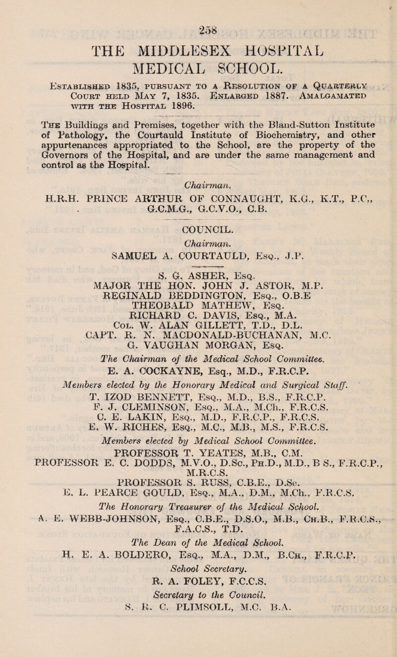 THE MIDDLESEX HOSPITAL MEDICAL SCHOOL. Established 1835, pursuant to a Resolution of a Quarterly Court held May 7, 1835. Enlarged 1887. Amalgamated with the Hospital 1896. The Buildings and Premises, together with the Bland-Sutton Institute of Pathology, the Courtauld Institute of Biochemistry, and other appurtenances appropriated to the School, are the property of the Governors of the Hospital, and are under the same management and control as the Hospital. Chairman. H.R.H. PRINCE ARTHUR OF CONNAUGHT, K.G., K.T., P.C„ G.C.M.G., G.C.V.O., C.B. COUNCIL. Chairman. SAMUEL A. COURTAULD, Esq., J.P. S. G. ASHER, Esq. MAJOR THE HON. JOHN J. ASTOR, M.P. REGINALD BEDDINGTON, Esq., O.B.E THEOBALD MATHEW, Esq. RICHARD C. DAVIS, Esq., M.A. Col. W. ALAN GILLETT. T.D., D.L. CAPT. R. N. MACDONALD-BUCHANAN, M.C. G. VAUGHAN MORGAN, Esq. The Chairman of the Medical School Committee„ E. A. COCKAYNE, Esq., M.D., F.R.C.P. Members elected by the Honorary Medical and Surgical Staff. T. IZOD BENNETT, Esq., M.D., B.S., F.R.C.P. F. J. CLEMINSON, Esq., M.A., M.Ch., F.R.C.S. C. E. LAKIN, Esq., M.D., F.R.C.P., F.R.C.S. E. W. RICHES, Esq., M.C., M.B., M.S., F.R.C.S. Members elected by Medical School Committee. PROFESSOR T. YEATES, M.B., C.M. PROFESSOR E. C. DODDS, M.V.O., D.Sc., Ph.D., M.D., B S., F.R.C.P., M.R.C.S. PROFESSOR S. RUSS, C.B.E., D.Sc. E. L. PEARCE GOULD, Esq., M.A., D.M., M.Ch., F.R.C.S. The Honorary Treasurer of the Medical School. A. E. WEBB-JOHNSON, Esq., C.B.E., D.S.O., M.B., Ch.B., F.R.C.S., F.A.C.S., T.D. The Dean of the Medical School. H. E. A. BOLDERO, Esq., M.A., D.M„ B.Ch., F.R.C.P. School Secretary. R. A. FOLEY, F.C.C.S. Secretary to the Council. S. R. C. PLIMSOLL, M.C. B.A.