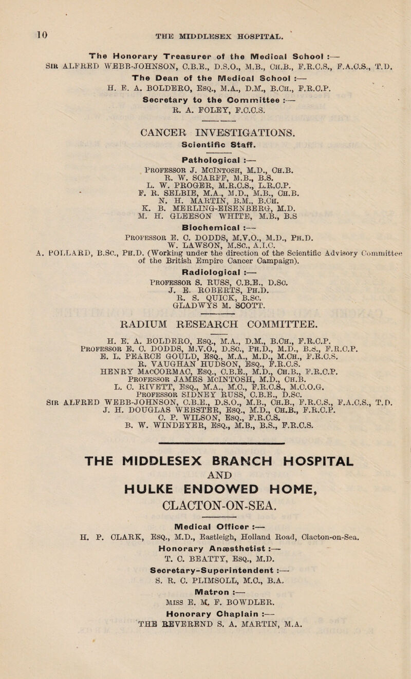 The Honorary Treasurer of the Medical School — Sift ALFRED WEBB-,JOHNSON, O.B.E., D.S.O., M.B., OH.B., F.R.C.S., F.A.O.S., T.D. The Dean of the Medical School :— H. E. A. BOLDERO, ESQ., M.A., D.M., B.OH., F.R.O.P. Secretary to the Committee :— R. A. FOLEY, F.O.O.S. CANCER INVESTIGATIONS. Scientific Staff. Pathological :—• Professor J. McIntosh, H.D., Ch.b. R. W. SOARFF, M.B., B.S. L. W. PROGER, M.R.O.S., L.R.O.P. F. R. SELBIE, M.A., M.D., M.B., On.B. N. H. MARTIN, B.M.. B.OH. K. B. MERLING-EISENBERG, M.D. M. H. GLEESON WHITE, M.B., B.S Biochemical :— Professor E. 0. DODDS, M.Y.O., M.D., Ph.d. W. LAWSON, M.SC., A.I.O. A. POLLARD, B.Sc., Ph.D. (Working under the direction of the Scientific Advisory Committee of the British Empire Cancer Campaign). Radiological :— PROFESSOR S. RUSS, O.B.E., D.SO. J. E. ROBERTS, PH.D. R. S. QUICK, B.SC. GLADWYS M. SCOTT. RADIUM RESEARCH COMMITTEE. H. E. A. BOLDERO, ESQ., M.A., D.M., B.OH., F.R.O.P. PROFESSOR E. 0. DODDS, M.Y.O., D.SO., PH.D., M.D., B.S., F.R.O.P. E. L. PEARCE GOULD, ESQ., M.A., M.D., M.CH., F.R.O.S. R. YAUGHAN HUDSON, ESQ., F.R.O.S. HENRY MACOORMAO, ESQ., O.B.E., M.D., OH.B., F.R.O.P. PROFESSOR JAMES MCINTOSH, M.D., OH.B. L. 0. RIVETT, ESQ., M.A., M.O., F.R.O.S., M.C.O.G. PROFESSOR SIDNEY RUSS, O.B.E., D.SC. SIR ALFRED WEBB-JOHNSON, O.B.E., D.S.O., M.B., OH.B., F.R.O.S., F.A.O.S., T.D. J. H. DOUGLAS WEBSTER, ESQ., M.D., OH.B., F.R.O.P. 0. P. WILSON, ESQ., F.R.O.S. B. W. WINDEYER, ESQ., M.B., B.S., F.R.O.S. THE MIDDLESEX BRANCH HOSPITAL AND HULKE ENDOWED HOME, CLACTON-ON-SEA. Medical Officer :— H. P. CLARK, ESQ., M.D., Eastleigh, Holland Road, Olacton-on-Sea. Honorary Anaesthetist :— T. 0. BEATTY, ESQ., M.D. Secretary-Superintendent :— S. R. 0. PLIMSOLL, M.O., B.A. Matron :— MISS E. M. F. BOWDLER. Honorary Chaplain :— THE REYEREND S. A. MARTIN, M.A.