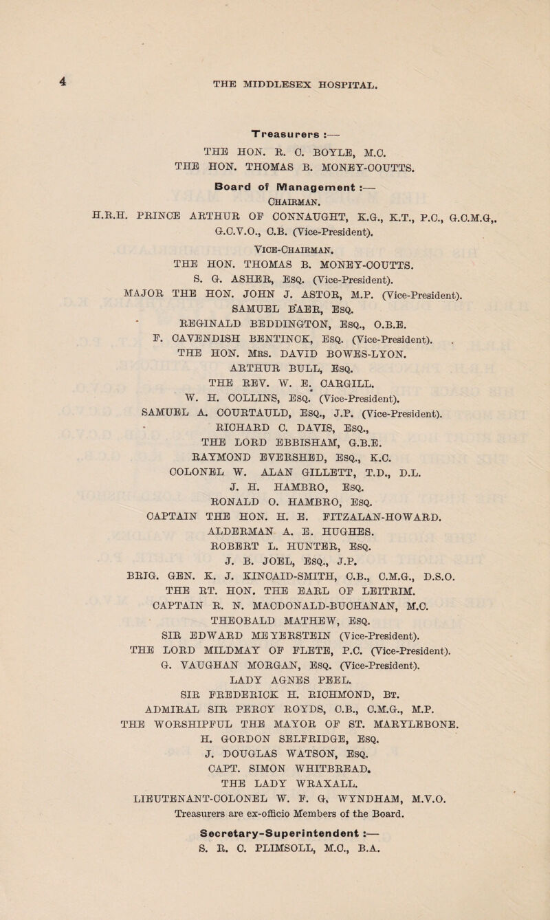 Treasurers :— THE HON. R. 0. BOYLE, M.O. THE HON. THOMAS B. MONEY-OOUTTS. Board of Management :— Chairman. H.R.H. PRINCE ARTHUR OF CONNAUGHT, K.G., K.T., P.C., G.C.M.G,. G.C.V.O., O.B. (Yice-President), Vice-Chairman. THE HON. THOMAS B. MONEY-COUTTS. S. G. ASHER, ESQ. (Vice-President). MAJOR THE HON. JOHN J. ASTOR, M.P. (Vice-President). SAMUEL B*AER, ESQ. REGINALD BEDDINGTON, ESQ., O.B.E. F. CAVENDISH BENTINCK, ESQ. (Vice-President). THE HON. MRS. DAVID BOWES-LYON. ARTHUR BULL, ESQ. THE REV. W. E; CARGILL. W. H. COLLINS, ESQ. (Vice-President). SAMUEL A. COURTAULD, ESQ., J.P. (Vice-President). RICHARD 0. DAVIS, ESQ., THE LORD EBBISHAM, G.B.E. RAYMOND EVERSHED, ESQ., E.C. COLONEL W. ALAN GILLETT, T.D., D.L. J. H. HAMBRO, ESQ. RONALD O. HAMBRO, ESQ. CAPTAIN THE HON. H. E. FITZALAN-HOWARD. ALDERMAN A. E. HUGHES. ROBERT L. HUNTER, ESQ. J. B. JOEL, Esq., J.P. BRIG. GEN. K. J. KINCAID-SMITH, C.B., C.M.G., D.S.O. THE RT. HON. THE EARL OF LEITRIM. CAPTAIN R. N. MACDONALD-BUCHANAN, M.C. THEOBALD MATHEW, ESQ. SIR EDWARD MEYERSTEIN (Vice-President). THE LORD MILDMAY OF FLETE, P.C. (Vice-President). G. VAUGHAN MORGAN, Esq. (Vice-President). LADY AGNES PEEL. SIR FREDERICK H. RICHMOND, BT. ADMIRAL SIR PERCY ROYDS, O.B., C.M.G., M.P. THE WORSHIPFUL THE MAYOR OF ST. MARYLEBONE. H. GORDON SELFRIDGE, ESQ. J. DOUGLAS WATSON, ESQ. CAPT. SIMON WHITBREAD. THE LADY WRAXALL. LIEUTENANT-COLONEL W. F. G, WYNDHAM, M.V.O. Treasurers are ex-officio Members of the Board. Secretary-Superintendent:— S. R. C. PLIMSOLL, M.O., B.A.