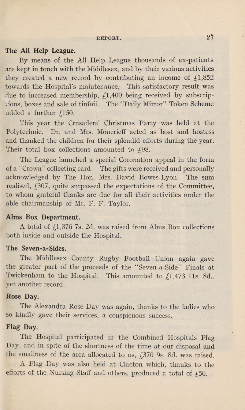 21 The All Help League. By means of the All Help League thousands of ex-patients are kept in touch with the Middlesex, and by their various activities they created a new record by contributing an income of £1,852 towards the Hospital’s maintenance. This satisfactory result was due to increased membership, £1,400 being received by subscrip¬ tions, boxes and sale of tinfoil. The “Daily Mirror” Token Scheme added a further £150. This year the Crusaders’ Christmas Party was held at the Polytechnic. Dr. and Mrs. Moncrieff acted as host and hostess and thanked the children for their splendid efforts during the year. Their total box collections amounted to £98. The League launched a special Coronation appeal in the form of a “Crown” collecting card The gifts were received and personally acknowledged by The Hon. Mrs. David Bowes-Lyon. The sum realised, £307, quite surpassed the expectations of the Committee, to whom grateful thanks are due for all their activities under the able chairmanship of Mr. P. F. Taylor. Alms Box Department. A total of £1,876 7s. 2d. was raised from Alms Box collections both inside and outside the Hospital. The Seven-a-Sides. The Middlesex Count}' Rugby Football Union again gave the greater part of the proceeds of the “Seven-a-Side” Finals at Twickenham to the Hospital. This amounted to £1,473 11s. 8d., yet another record. Rose Day. The Alexandra Rose Day was again, thanks to the ladies who so kindly gave their services, a conspicuous success. Flag Day. The Hospital participated in the Combined IPospitals Flag Day, and in spite of the shortness of the time at our disposal and the smallness of the area allocated to us, £370 9s. 8d. was raised. A Flag Day was also held at Clacton which, thanks to the efforts of the Nursing Staff and others, produced a total of £50.
