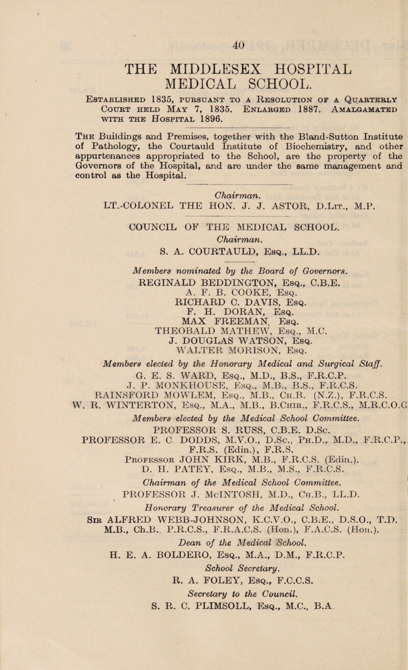 THE MIDDLESEX HOSPITAL MEDICAL SCHOOL. Established 1835, pursuant to a Resolution of a Quarterly Court held May 7, 1835. Enlarged 1887. Amalgamated with the Hospital 1896. The Buildings and Premises, together with the Bland-Sutton Institute of Pathology, the Courtauld Institute of Biochemistry, and other appurtenances appropriated to the School, are the property of the Governors of the Hospital, and are under the same management and control as the Hospital. Chairman. LT.-COLONEL THE HON. J. J. ASTOR, D.Lit., M.P. COUNCIL OF THE MEDICAL SCHOOL. Chairman. S. A. COURTAULD, Esq., LL.D. Members nominated by the Board of Governors. REGINALD BEDDINGTON, Esq., C.B.E. A. F. B. COOKE, Esq. RICHARD C. DAVIS, Esq. F. H. DORAN, Esq. MAX FREEMAN Esq. THEOBALD MATHEW, Esq., M.C. J. DOUGLAS WATSON, Esq. WALTER MORIS ON, Esq. Members elected by the Honorary Medical and Surgical Staff. G. E. S. WARD, Esq., M.D., B.S., F.R.C.P. J. P. MONKHOUSE, Esq., M.B., B.S., F.R.C.S. RAINSFORD MOWLEM, Esq., M.B., Ch.B. (N.Z.), F.R.C.S. W. R. WINTERTON, Esq., M.A., M.B., B.Chir,, F.R.C.S., M.R.C.O.G Members elected by the Medical School Committee. PROFESSOR S. RUSS, C.B.E. D.Sc. PROFESSOR E. C DODDS, M.V.O., D.Sc., Ph.D., M.D., F.R.C.P., F.R.S. (Edin.), F.R.S. Professor JOHN KIRK, M.B., F.R.C.S. (Edin.). D. II. PATEY, Esq., M.B., M.S., F.R.C.S. Chairman of the Medical School Committee. PROFESSOR J. McINTOSH, M.D., Ch.B., LL.D. \ Honorary Treasurer of the Medical School. Sir ALFRED WEBB-JOHNSON, K.C.V.O., C.B.E., D.S.O., T.D. M.B., Ch.B., P.R.C.S., F.R.A.C.S. (Hon.), F.A.C.S. (Hon.). Dean of the Medical School. H. E. A. BOLDERO, Esq., M.A., D.M., F.R.C.P. School Secretary. R. A. FOLEY, Esq., F.C.C.S. Secretary to the Council. S. R. C. PLIMSOLL, Esq., M.C., B.A.