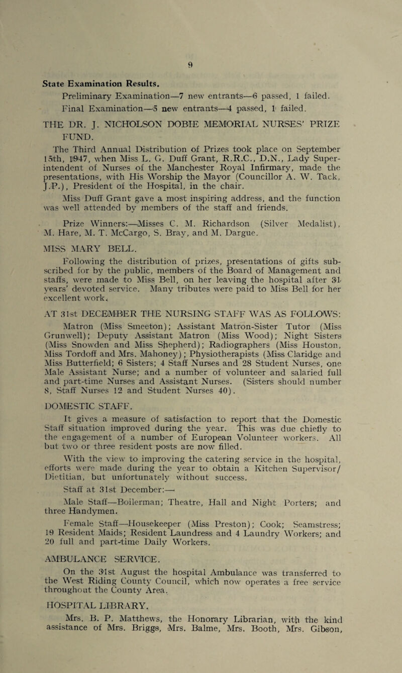 State Examination Results. Preliminary Examination—7 new entrants—'6 passed, 1 failed. Final Examination—5 new entrants—>4 passed, 1 failed. THE DR. J. NICHOLSON DOBIE MEMORIAL NURSES’ PRIZE FUND. The Third Annual Distribution of Prizes took place on September 15th, 1)947, when Miss L. G. Duff Grant, R.R.C., D.N., Lady Super¬ intendent of Nurses of the Manchester Royal Infirmary, made the presentations, with His Worship the Mayor (Councillor A. W. Tack, J.P.), President of the Hospital, in the chair. Miss Duff Grant gave a most inspiring address, and the function was well attended by members of the staff and friends. Prize Winners:—Misses C. M. Richardson (Silver Medalist), M. Hare, M. T. McCargo, S. Bray, and M. Dargue. MISS MARY BELL. Following the distribution of prizes, presentations of gifts sub¬ scribed for by the public, members of the Board of Management and staffs, were made to Miss Bell, on her leaving the hospital after 31 years’ devoted service. Many tributes were paid to Miss Bell for her excellent work* AT 31st DECEMBER THE NURSING STAFF WAS AS FOLLOWS: Matron (Miss Smeeton); Assistant Matron-Sister Tutor (Miss Grunwell); Deputy Assistant Matron (Miss Wood); Night Sisters (Miss Snowden and Miss Shepherd); Radiographers (Miss Houston, Miss Tordoff and Mrs. Mahoney); Physiotherapists (Miss Claridge and Miss Butterfield; 6 Sisters; 4 Staff Nurses and 28 Student Nurses, one Male Assistant Nurse; and a number of volunteer and salaried full and part-time Nurses and Assistant Nurses. (Sisters should number 8, Staff Nurses 12- and Student Nurses 40). DOMESTIC STAFF. It gives a measure of satisfaction to report that the Domestic Staff situation improved during the year. This was due chiefly to the engagement of a number of European Volunteer workers. All but two or three resident posts are now filled. With the view to improving the catering service in the hospital, efforts were made during the year to obtain a Kitchen Supervisor/ Dietitian, but unfortunately without success. Staff at 31st December:—< Male Staff—Boilerman; Theatre, Hall and Night Porters; and three Handymen. Female Staff—Housekeeper (Miss Preston); Cook; Seamstress; 19 Resident Maids; Resident Laundress and 4 Laundry Workers; and 20 full and part-time Daily Workers. AMBULANCE SERVICE. On the 3T st August the hospital Ambulance was transferred to the West Riding County Council, which now operates a free service throughout the County Area. HOSPITAL LIBRARY, Mrs. B. P. Matthews, the Honorary Librarian, with the kind assistance of Mrs. Briggs, Mrs. Balme, Mrs. Booth, Mrs. Gibson,