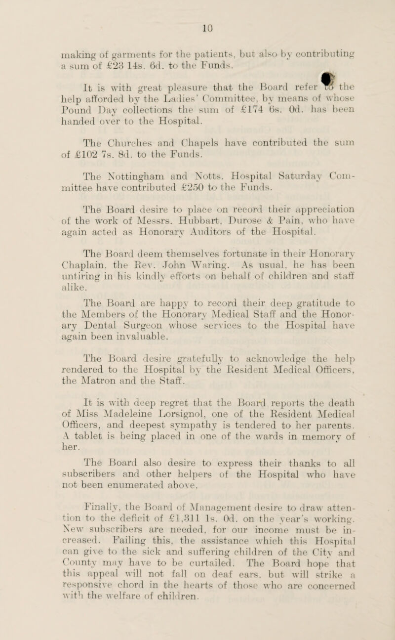 making of garments for the patients, but also by contributing a sum of £23 14s. 6d. to the Funds. It is with great pleasure that the Board refer the help afforded by the Ladies' Committee, by means of whose Pound Day collections the sum of £174 Os. Od. has been t/ handed over to the Hospital. Hie Churches and Chapels have contributed the sum of £102 7s. 8d. to the Funds. The Nottingham and Notts. Hospital Saturday Com¬ mittee have contributed £250 to the Funds. The Board desire to place on record their appreciation of the work of Messrs. Hubbart, Durose & Pain, who have again acted as Honorary Auditors of the Hospital. The Board deem themselves fortunate in their Honorar\ V Chaplain, the Pev. John Waring. As usual, lie lias been untiring in his kindly efforts on behalf of children and staff alike. The Board are happy to record their deep gratitude to the Members of the Honorarv Medical Staff and the Honor- ary Dental Surgeon whose services to the Hospital have again been invaluable. The Board desire gratefully to acknowledge the help rendered to the Hospital by the Resident Medical Officers, the Matron and the Staff. It is with deep regret that the Board reports the death of Miss Madeleine Lorsignol, one of the Resident Medical Officers, and deepest sympathy is tendered to her parents. A tablet is being placed in one of the wards in memory of her. The Board also desire to express their thanks to all subscribers and other helpers of the Hospital who have not been enumerated above. Finally, the Board of Management desire to draw atten¬ tion to the deficit of £1.311 Is. Od. on the year s working. New subscribers are needed, for our income must be in¬ creased. Failing this, the assistance which this Hospital can give to the sick and suffering children of the City and County may have to be curtailed. The Board hope that this appeal will not fall on deaf ears, but will strike a responsive chord in the hearts of those who are concerned with the welfare of children.