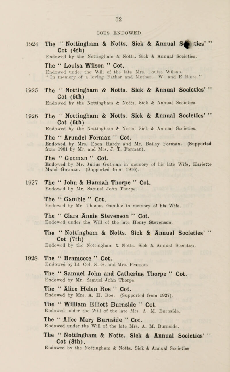 COTS ENDOWED 1024 The “ Nottingham & Notts. Sick & Annual S A .ties’ ’’ Cot (4th) w Endowed by the Nottingham & Notts. Sick & Annual Societies. The “ Louisa Wilson ” Cot. Endowed under the Will of the late Mrs. Louisa Wilson. “ In memory of a loving Father and Mother. W. and E Blore.” 1925 The “ Nottingham & Notts. Sick & Annual Societies’ ” Cot (5th) Endowed by the Nottingham & Notts. Sick & Annual Societies. 1926 The “ Nottingham & Notts. Sick & Annual Societies' ” Cot (6th) Endowed by the Nottingham & Notts. Sick & Annual Societies. The “ Arundel Forman ” Cot. Endowed by Mrs. Eben Hardy and Mr. Bailey Forman. (Supported from 1901 by Mr. and Mrs. J. T. Forman). The “ Gutman ” Cot. Endowed by Mr. Julius Gutman in memory of his late Wife, Hariette Maud Gutman. (Supported from 1916). 1927 The “ John & Hannah Thorpe ” Cot. Endowed by Mr. Samuel John Thorpe. The “ Gamble ” Cot. Endowed by Mr. Thomas Gamble in memory of his Wife. The “ Clara Annie Stevenson ” Cot. Endowed under the Will of the late Henry Stevenson. The “ Nottingham & Notts. Sick & Annual Societies’ ” Cot (7th) Endowed by the Nottingham & Notts. Sick <fc Annual Societies. 1928 The “ Bramcote ” Cot. Endowed by Lt -Col. N. G. and Mrs. Pearson. The “ Samuel John and Catherine Thorpe ” Cot. Endowed by Mr. Samuel John Thorpe. The “ Alice Helen Roe ” Cot. Endowed by Mrs. A. H. Roe. (Supported from 1927). The “ William Elliott Burnside ” Cot. Endowed under the Will of the late Mrs A. M. Burnside. The “ Alice Mary Burnside ” Cot. Endowed under the Will of the late Mrs. A. M. Burnside. The “ Nottingham & Notts. Sick & Annual Societies’ ” Cot (8th). Endowed by the Nottingham & Notts. Sick & Annual Societies
