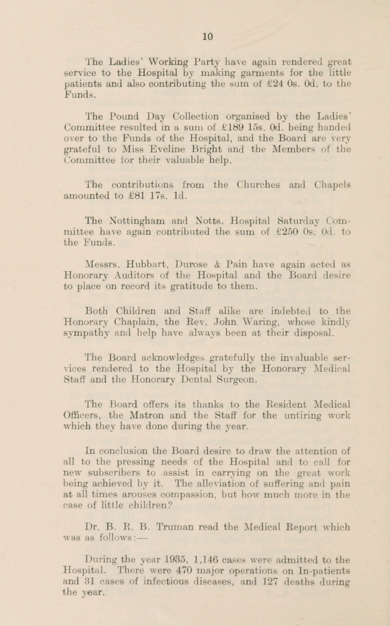 The Ladies' Working Party have again rendered great service to the Hospital by making garments for the little patients and also contributing the sum of £24 Os. Od. to the Funds. The Pound Day Collection organised by the Ladies' Committee resulted in a sum of £189 15s. Od. being handed over to the Funds of the Hospital, and the Board are very grateful to Miss Eveline Bright and the Members of the Committee lor their valuable help. The contributions from the Churches and Chapels amounted to £81 17s. Id. The Nottingham and Notts. Hospital Saturday Com¬ mittee have again contributed the sum of £250 Os. Od. to the Funds. Messrs. Hubbart, Durose & Pain have again acted as Honorary Auditors of the Hospital and the Board desire to place on record its gratitude to them. Both Children and Staff alike are indebted to the Honorary Chaplain, the Rev. John Waring, whose kindly sympathy and help have always been at their disposal. The Board acknowledges gratefully the invaluable ser¬ vices rendered to the Hospital by the Honorary Medical Staff and the Honorary Dental Surgeon. The Board offers its thanks to the Resident Medical Officers, the Matron and the Staff for the untiring work which they have done during the year. In conclusion the Board desire to draw the attention of all to the pressing needs of the Hospital and to call for new subscribers to assist in carrying on the great work being achieved by it. The alleviation of suffering and pain at all times arouses compassion, but how much more in the case of little children? Dr. B. R. B. Truman read the Medical Report which was as follows: — During the year 1935, 1,146 cases were admitted to the Hospital. There were 470 major operations on In-patients and 31 cases of infectious diseases, and 127 deaths during the year.