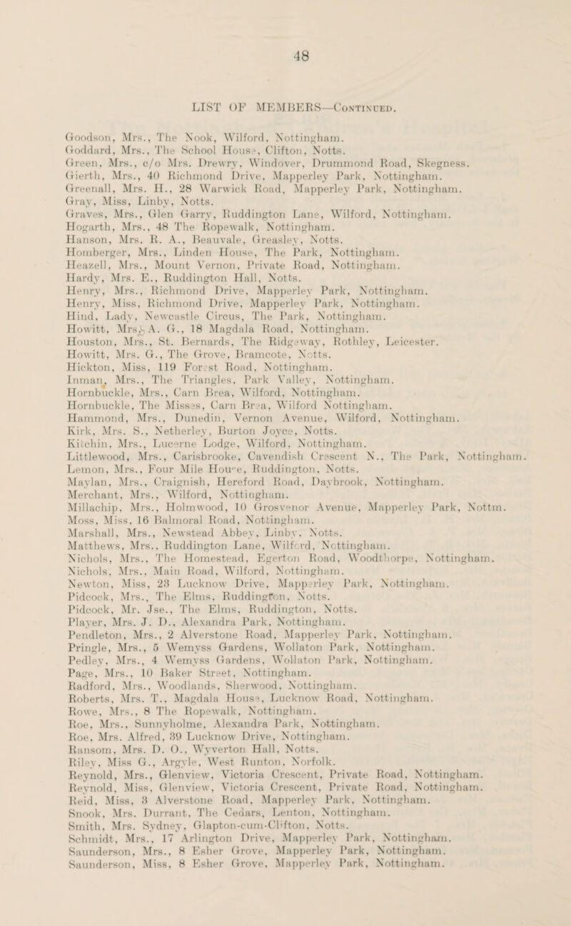 LIST OF MEMBERS—Continued. Goodson, Mrs., The Nook, Wilford, Nottingham. Goddard, Mrs., The School Housj, Clifton, Notts. Green, Mrs., c/o Mrs. Drewrv, Windover, Drummond Road, Skegness. Gierth, Mrs., 40 Richmond Drive, Mapperley Park, Nottingham. Greenall, Mrs. H., 28 Warwick Road, Mapperley Park, Nottingham. Gray, Miss, Linby, Notts. Graves, Mrs., Glen Garry, Ruddington Lane, Wilford, Nottingham. Hogarth, Mrs., 48 The Ropewalk, Nottingham. Hanson, Mrs. R. A., Beauvale, Greasley, Notts. Homberger, Mrs., Linden House, The Park, Nottingham. Heazell, Mrs., Mount Vernon, Private Road, Nottingham. Hardy, Mrs. E., Ruddington Hall, Notts. Henry, Mrs., Richmond Drive, Mapperley Park, Nottingham. Henry, Miss, Richmond Drive, Mapperley Park, Nottingham. Hind, Lady, Newcastle Circus, The Park, Nottingham. Howitt, Mrs.-A. G., 18 Magdala Road, Nottingham. Houston, Mrs., St. Bernards, The Ridgeway, Bothley, Leicester. Howitt, Mrs. G., The Grove, Bramcote, Notts. Hickton, Miss, 119 For st Road, Nottingham. Inman, Mrs., The Triangles, Park Valley, Nottingham. Hornbuckle, Mrs., Cam Brea, Wilford, Nottingham. Hornbuckle, The Misses, Cam Brea, Wilford Nottingham. Hammond, Mrs., Dunedin, Vernon Avenue, Wilford, Nottingham. Kirk, Mrs. S., Netherley, Burton Joyce, Notts. Kuchin, Mrs., Lucerne Lodge, Wilford, Nottingham. Littlewood, Mrs., Carisbrooke, Cavendish Crescent N., The Park, Nottingham. Lemon, Mrs., Four Mile Home, Ruddington, Notts. Mavlan, Mrs., Craignish, Hereford Road, Daybrook, Nottingham. Merchant, Mrs., Wilford, Nottingham. Millachip, Mrs., Holmwood, 10 Grosvenor Avenue, Mapperley Park, Nottm. Moss, Miss, 16 Balmoral Road, Nottingham. Marshall, Mrs., Newstead Abbey, Linby, Notts. Matthews, Mrs., Ruddington Lane, Wilford, Nottingham. Nichols, Mrs.. The Homestead, Egerton Road, Woodthorpe, Nottingham. Nichols, Mrs., Main Road, Wilford, Nottingham. Newton, Miss, 28 Lucknow Drive, Mapp rley Park, Nottingham. Pidcock, Mrs., The Elms, Ruddington, Notts. Pidoock, Mr. Jse., The Elms, Ruddington, Notts. Player, Mrs. J. D., Alexandra Park, Nottingham. Pendleton, Mrs., 2 Alverstone Road, Mapperley Park, Nottingham. Pringle, Mrs., 5 Wemyss Gardens, Wollaton Park, Nottingham. Pedley, Mrs., 4 Wemyss Gardens, Wollaton Park, Nottingham. Page, Mrs., 10 Baker Street, Nottingham. Radford, Mrs., Woodlands, Sherwood, Nottingham. Roberts, Mrs. T., Magdala TIous^, Lucknow Road, Nottingham. Rowe, Mrs., 8 The Ropewalk, Nottingham. Roe, Mrs., Sunnyholme, Alexandra Park, Nottingham. Roe, Mrs. Alfred, 39 Lucknow Drive, Nottingham. Ransom, Mrs. D. 0., Wyverton Hall, Notts. Riley, Miss G., Argyle, West Runton, Norfolk. Reynold, Mrs., Glenview, Victoria Crescent, Private Road, Nottingham. Reynold, Miss, Glenview, Victoria Crescent, Private Road, Nottingham. Reid, Miss, 3 Alverstone Road, Mapperley Park, Nottingham. Snook, Mrs. Durrant, The Cedars, Lenton, Nottingham. Smith, Mrs. Sydney, Glapton-cum-Cl'fton, Notts. Schmidt, Mrs., 17 Arlington Drive, Mapperley Park, Nottingham. Saunderson, Mrs., 8 Esher Grove, Mapperley Park, Nottingham. Saunderson, Miss, 8 Esher Grove, Mapperley Park, Nottingham.
