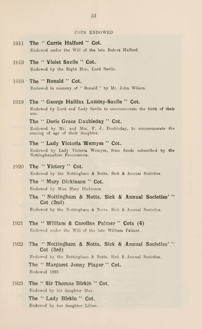 COTS ENDOWED 1911 The “ Carrie Halford ” Cot. Endowed under the Will of the late Robert Halford. 1913 The “ Yiolet Savile ” Cot. Endowed by the Right Hon. Lord Savile. 1918 The “ Ronald ” Cot. Endowed in memory of “ Ronald ” by Mr. John Wilson. 1919 The “ George Halifax Lumley-Savile ” Cot. Endowed by Lord and Lady Savile to commemorate the birth of their son. The “ Doris Grace Doubleday ” Cot. Endowed by Mr. and Mrs. F. J. Doubleday, to commemorate the coming of age of their daughter. The “ Lady Victoria Wemyss ” Cot. Endowed by Lady Victoria Wemyss, from funds subscribed by the Nottinghamshire Freemasons. 1920 The “ Victory ” Cot. Endowed by the Nottingham & Notts. Sick & Annual Societies The “ Mary Dickinson ” Cot. Endowed by Miss Mary Dickinson. The “ Nottingham & Notts. Sick & Annual Societies’ ” Cot (2nd) Endowed by the Nottingham & Notts. Sick & Annual Societies. 1921 The “ William & Caroline Palmer ” Cots (5) Endowed under the Will of the late William Palmer. 1922 The “ Nottingham & Notts. Sick & Annual Societies’ ” Cot (3rd) Endowed by the Nottingham & Notts. Sick & Annual Societies. The “ Margaret Jenny Player ” Cot. Endowed 1922. 1923 The “ Sir Thomas Birkin ” Cot. Endowed by his daughter May. The “ Lady Birkin ” Cot. Endowed by her daughter Lilian.