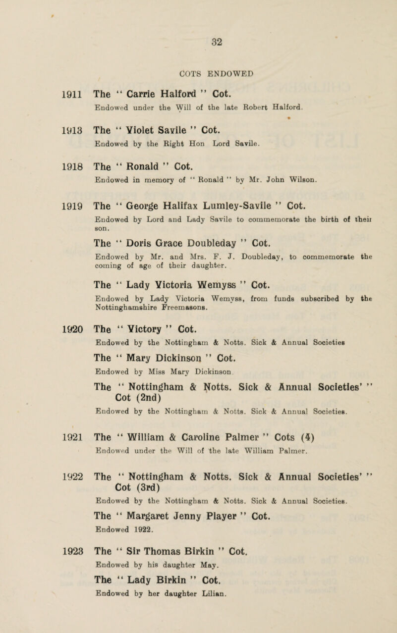 COTS ENDOWED 1911 The “ Carrie Halford ” Cot. Endowed under the Will of the late Robert Halford. 1913 The “ Violet Savile ” Cot. Endowed by the Right Hon Lord Savile. 1918 The “ Ronald ” Cot. Endowed in memory of “ Ronald ” by Mr. John Wilson. 1919 The “ George Halifax Lumley-Savile ” Cot. Endowed by Lord and Lady Savile to commemorate the birth of Iheii son. The “ Doris Grace Doubleday ” Cot. Endowed by Mr. and Mrs. F. J. Doubleday, to commemorate the coming of age of their daughter. The “ Lady Victoria Wemyss ” Cot. Endowed by Lady Victoria Wemyss, from funds subscribed by the Nottinghamshire Freemasons. 1920 The “ Victory ” Cot. Endowed by the Nottingham & Notts. Sick & Annual Societies The “ Mary Dickinson ” Cot. Endowed by Miss Mary Dickinson The “ Nottingham & Notts. Sick & Annual Societies’ ” Cot (2nd) Endowed by the Nottingham & Notts. Sick & Annual Societies. 1921 The “ William & Caroline Palmer ” Cots (4) Endowed under the Will of the late William Palmer. 1922 The “ Nottingham & Notts. Sick & Annual Societies’ ” Cot (3rd) Endowed by the Nottingham <fe Notts. Sick & Annual Societies. The “ Margaret Jenny Player ” Cot. Endowed 1922. 1923 The “ Sir Thomas Birkin ” Cot. Endowed by his daughter May. The “ Lady Birkin ” Cot. Endowed by her daughter Lilian.