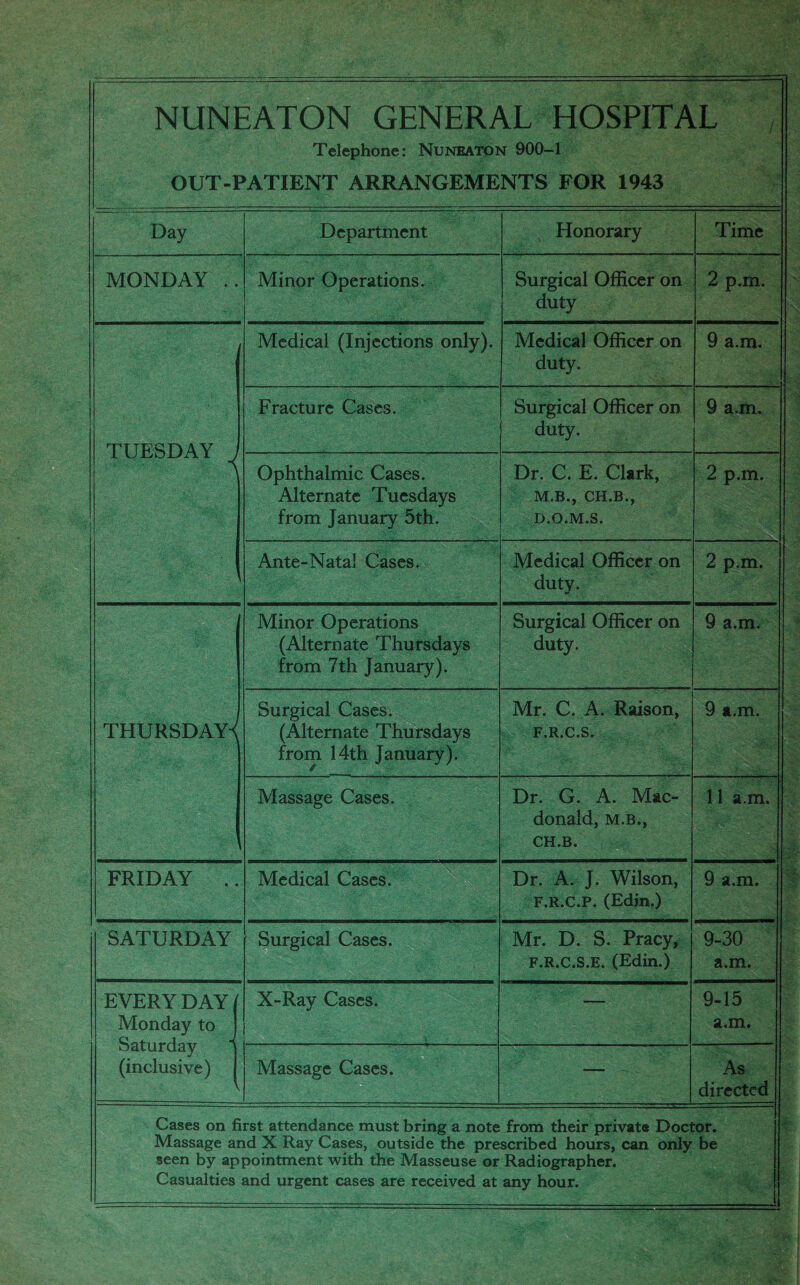 NUNEATON GENERAL HOSPITAL / Telephone: Nuneaton 900-1 OUT-PATIENT ARRANGEMENTS FOR 1943 Day Department Honorary Time MONDAY .. Minor Operations. Surgical Officer on duty 2 p.m. Medical (Injections only). Medical Officer on duty. 9 a.m. TUESDAY ^ Fracture Cases. Surgical Officer on duty. 9 a.m. Ophthalmic Cases. Alternate Tuesdays from January 5th. Dr. C. E. Clark, M.B., CH.B., D.O.M.S. 2 p.m. j ■ Ante-Natal Cases. Medical Officer on duty. 2 p.m. Minor Operations (Alternate Thursdays from 7th January). Surgical Officer on duty. 9 a.m. THURSDAYS Surgical Cases. (Alternate Thursdays from 14th January). Mr. C. A. Raison, F.R.C.S. 9 a.m. Massage Cases. Dr. G. A. Mac¬ donald, M.B., CH.B. 11 a.m. FRIDAY .. Medical Cases. Dr. A. J. Wilson, F.R.C.P. (Edin.) 9 a.m. SATURDAY Surgical Cases. Mr. D. S. Pracy, F.R.C.S.E. (Edin.) 9-30 a.m. EVERY DAY Monday to Saturday (inclusive) X-Ray Cases. — 9-15 a.m. Massage Cases. — As directed Cases on first attendance must bring a note from their private Doctor. Massage and X Ray Cases, outside the prescribed hours, can only be seen by appointment with the Masseuse or Radiographer. Casualties and urgent cases are received at any hour.