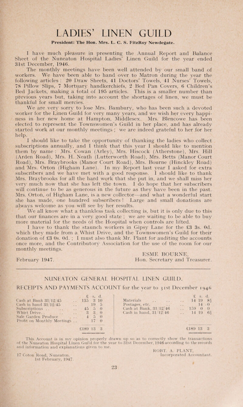 LADIES’ LINEN GUILD President: The Hon. Mrs. L. C. S. FitzRoy Newdegate. I have much pleasure in presenting the Annual Report and Balance Sheet of the Nuneaton Hospital Ladies’ Linen Guild for the year ended 31st December, 1946. The monthly meetings have been well attended by our small band of workers. We have been able to hand over to Matron during the year the following articles : 20 Draw Sheets, 41 Doctors’ Towels, 41 Nurses’ Towels, 78 Pillow Slips, 7 Mortuary handkerchiefs, 2 Bed Pan Covers, 6 Children’s Bed Jackets, making a total of 195 articles. This is a smaller number than previous years but, taking into account the shortages of linen, we must be thankful for small mercies. We are very sorry to lose Mrs. Bambury, who has been such a devoted worker for the Linen Guild for very many years, and we wish her every happi¬ ness in her new home at Hampton, Middlesex. Mrs. Blencowe has been elected to represent the Townswomen’s Guild in her place, and has already started work at our monthly meetings ; we are indeed grateful to her for her help. I should like to take the opportunity of thanking the ladies who collect subscriptions annually, and I think that this year I should like to mention them by name : Mrs. Cowan (Arley), Mrs. Hiscock (Atherstone), Mrs. Hill (Arden Road), Mrs. H. Neath (Lutterworth Road), Mrs. Betts (Manor Court Road), Mrs. Braybrooks (Manor Court Road), Mrs. Bourne (Hinckley Road) and Mrs. Orton (Higham Lane). In my Report last year I asked for extra subscribers and we have met with a good response. I should like to thank Mrs. Braybrooks for all the hard work that she put in, and we shall miss her very much now that she has left the town. I do hope that her subscribers will continue to be as generous in the future as they have been in the past. Mrs. Orton, of Higham Lane, is a new collector—and what a wonderful start she has made, one hundred subscribers ! Large and small donations are always welcome as you will see by her results. We all know what a thankless task collecting is, but it is only due to this that our finances are in a very good state ; we are waiting to be able to buy more material for the needs of the Hospital when controls are lifted. I have to thank the staunch workers in Gipsy Lane for the £3 3s. Od. which they made from a Whist Drive, and the Townswomen’s Guild for their donation of £3 Os. Od. ; I must also thank Mr. Plant for auditing the accounts once more, and the Contributory Association for the use of the room for our monthly meetings. ESME BOURNE, February 1947. Hon. Secretary and Treasurer. NUNEATON GENERAL HOSPITAL LINEN GUILD. RECEIPTS AND PAYMENTS ACCOUNT for the year to 3 ist December 1946 £ s. d. £ s. d. Cash at Bank 31/12/45 135 3 10 Materials 14 19 .-'-M 00 Cash in hand 31/12/45 19 5 Postages, etc. 14 -0 Subscriptions . . 45 5 0 Cash at Bank, 31 12/46 .. 159 0 0 Whist Drive. . 3 3 0 Cash in hand, 31 12/46 14 19 6! Sale Garden Produce 4 5 0 Profit on Monthly Meetings . . 17 0 £189 13 3 £189 13 3 This Account is in my opinion properly drawn up so as to correctly show the transactions of the Nuneaton Hospital Linen Guild for the year to 31st December, 1946 according to the records and information and explanations given to me. 17 Coton Road, Nuneaton. 1st February* 1947. ROBT. A. PLANT, Incorporated Accountant.