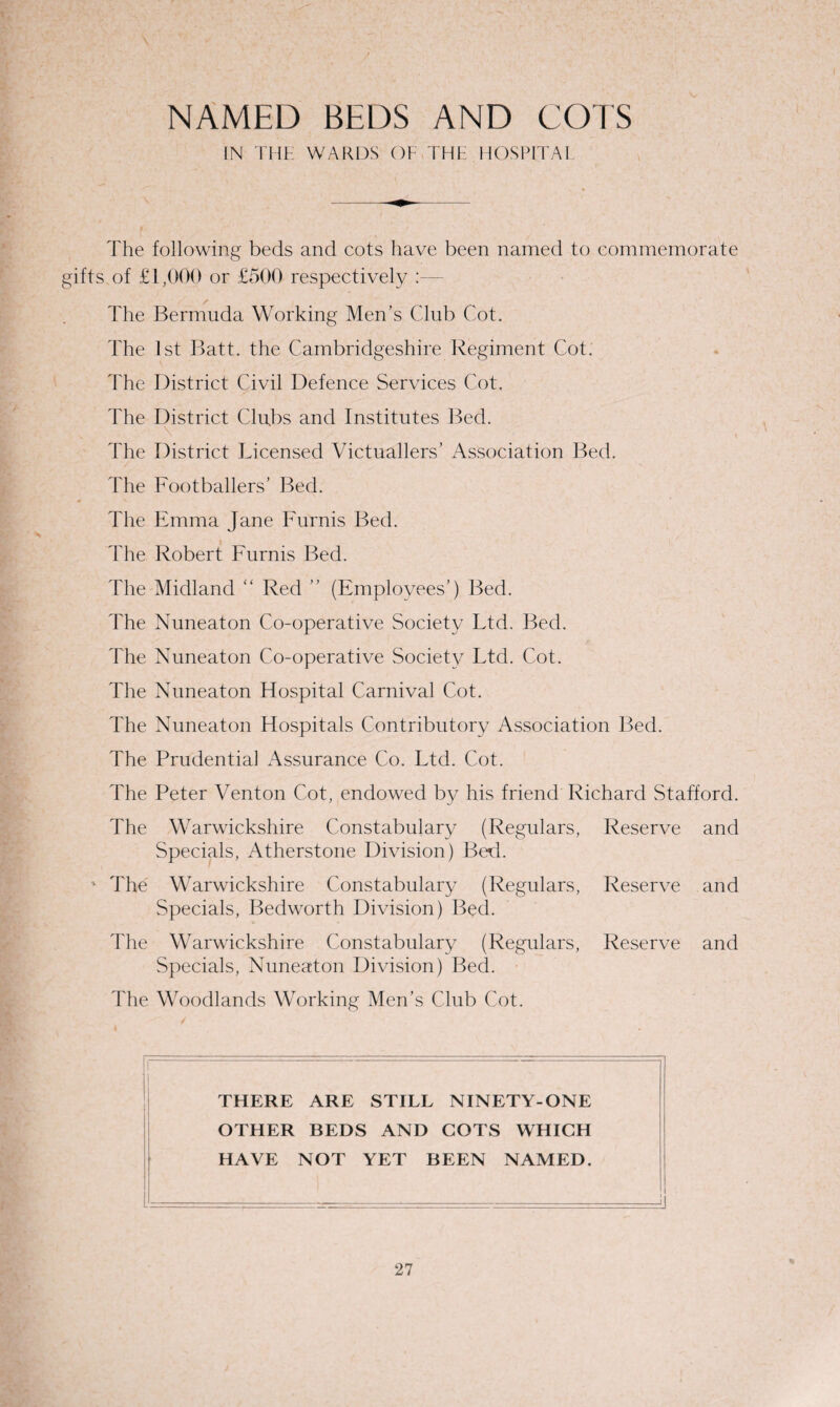 NAMED BEDS AND COTS IN THE WARDS OF THE HOSPITAI The following beds and cots have been named to commemorate gifts of £1,000 or £500 respectively :— The Bermuda Working Men’s Club Cot. The 1st Batt. the Cambridgeshire Regiment Cot. The District Civil Defence Services Cot. The District Clubs and Institutes Bed. Ehe District Licensed Victuallers’ Association Bed. Ehe Footballers’ Bed. Idle Emma Jane Furnis Bed. The Robert Furnis Bed. The Midland “ Red ” (Employees’) Bed. The Nuneaton Co-operative Society Ltd. Bed. The Nuneaton Co-operative Society Ltd. Cot. The Nuneaton Hospital Carnival Cot. The Nuneaton Hospitals Contributory Association Bed. The Prudential Assurance Co. Ltd. Cot. The Peter Venton Cot, endowed by his friend Richard Stafford. The Warwickshire Constabulary (Regulars, Reserve and Specials, Atherstone Division) Bed. ' The Warwickshire Constabulary (Regulars, Reserve and Specials, Bedworth Division) Bed. The Warwickshire Constabulary (Regulars, Reserve and Specials, Nuneaton Division) Bed. The Woodlands Working Men’s Club Cot. THERE ARE STILL NINETY-ONE OTHER BEDS AND COTS WHICH HAVE NOT YET BEEN NAMED.