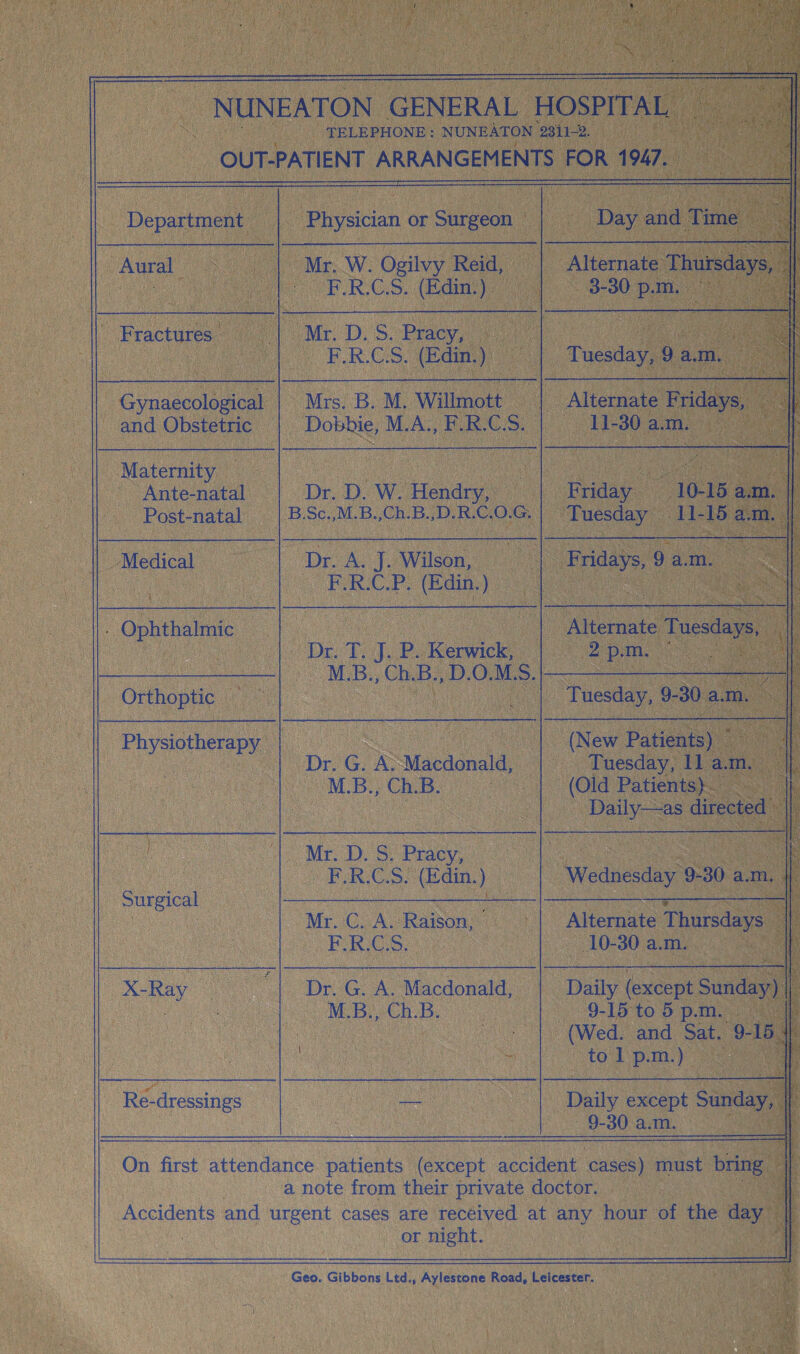 NUNEATON GENERAL HOSPITAL TELEPHONE: NUNEATON'2311-2. OUT-PATIENT ARRANGEMENTS FOR 1947. Department Physician or Surgeon Day and Time Aural Mr. W. Ogilvy Reid, F.R.C.S. (Edin.) Alternate Thursdays, 3-30 p.m. Fractures Mr. D. S. Pracy, F.R.C.S. (Edin.) Tuesday, 9 a.m. Gynaecological and Obstetric Mrs. B. M. Willmott Dot>bie, M.A., F.R.C.S. Alternate Fridays, 11-30 a.m. Maternity Ante-natal Post-natal Dr. D. W. Hendry, B.Sc.,M.B.,Ch.B.,D.R.C.O.G. Friday 10-15 a.m. Tuesday 11-15 a.m. Medical Dr. A. J. Wilson, F.R.C.P. (Edin.) Fridays, 9 a.m. • Ophthalmic Dr. T. J. P. Kerwick, M.B., Ch.B., D.O.M.S. Alternate Tuesdays, 2 p.m. Orthoptic Tuesday, 9-30 a.m. Physiotherap}^ : Dr. G. A. Macdonald, M.B., Ch.B. (New Patients) Tuesday, 11 a.m. (Old Patients) Daily—as directed jr ■ ■ ; , Surgical Mr. D. S. Pracy, F.R.C.S. (Edin.) Wednesday 9-30 a.m. Mr. C. A. Raison, F.R.C.S. * Alternate Thursdays 10-30 a.m. X-Ray Dr. G. A. Macdonald, M.B., Ch.B. i Daily (except SundajT 9-15 to 5 p.m. (Wed. and Sat. 9-15 to 1 p.m.) Re-dressings —— ■ Daily except Sunday, 9-30 a.m. On first attendance patients (except accident cases) must bring a note from their private doctor. Accidents and urgent cases are received at any hour of the day or night. Geo. Gibbons Ltd., Aylestone Road, Leicester.