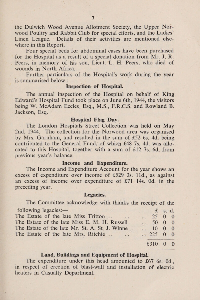 the Dulwich Wood Avenue Allotment Society, the Upper Nor¬ wood Poultry and Rabbit Club for special efforts, and the Ladies’ Linen League. Details of their activities are mentioned else¬ where in this Report. Four special beds for abdominal cases have been purchased for the Hospital as a result of a special donation from Mr. J. R. Peers, in memory of his son, Lieut. L. H. Peers, who died of wounds in North Africa. Further particulars of the Hospital’s work during the year is summarised below : Inspection of Hospital. The annual inspection of the Hospital on behalf of King Edward’s Hospital Fund took place on June 6th, 1944, the visitors being W. McAdam Eccles, Esq., M.S., F.R.C.S. and Rowland B. Jackson, Esq. Hospital Flag Day. The London Hospitals Street Collection was held on May 2nd, 1944. The collection for the Norwood area was organised by Mrs. Garnham, and resulted in the sum of £52 6s. 4d. being contributed to the General Fund, of which £48 7s. 4d. was allo¬ cated to this Hospital, together with a sum of £12 7s. 6d. from previous year’s balance. Income and Expenditure. The Income and Expenditure Account for the year shows an excess of expenditure over income of £529 3s. lid., as against an excess of income over expenditure of £71 14s. Od. in the preceding year. Legacies. The Committee acknowledge with thanks the receipt of the following legacies:— The Estate of the late Miss Tritton The Estate of the late Miss E. M. H. Russell The Estate of the late Mr. St. A. St. J. Winne The Estate of the late Mrs. Ritchie £ s. d. .. 25 0 0 . . 50 0 0 .. 10 0 0 ..225 0 0 £310 0 0 Land, Buildings and Equipment of Hospital. The expenditure under this head amounted to £67 6s, Od., in respect of erection of blast-wall and installation of electric heaters in Casualty Department.