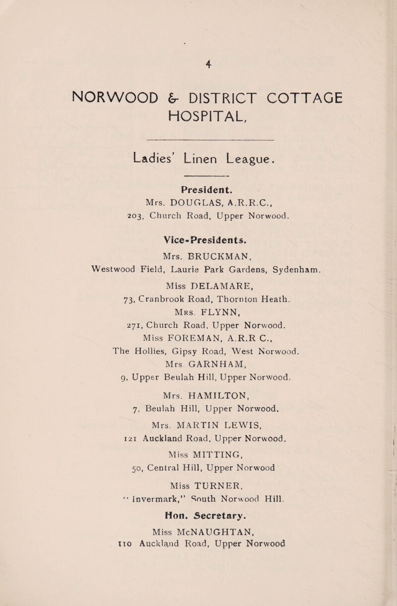 NORWOOD &• DISTRICT COTTAGE HOSPITAL, Ladies' Linen League. President. Mrs. DOUGLAS, A.R.R.C., 203, Church Road, Upper Norwood. Vice-Presidents. Mrs. ERUCKMAN, Westwood Field, Laurie Park Gardens, Sydenham. Miss DELAMARE, 73, Cranbrook Road, Thornton Heath. Mrs. FLYNN, 271, Church Road, Upper Norwood. Miss FOREMAN, A.R.R C., The Hollies, Gipsy Road, West Norwood. Mrs GARNHAM, 9, Upper Beulah Hill, Upper Norwood. Mrs. HAMILTON, 7, Beulah Hill, Upper Norwood. Mrs. MARTIN LEWIS, 121 Auckland Road, Upper Norwood. Miss MITTING, 50, Central Hill, Upper Norwood Miss TURNER, • • invermark,” South Norwood Hill. Hon. Secretary. Miss Mc.NAUGHTAN, no Auckland Road, Upper Norwood