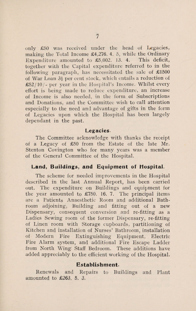 only £50 was received under the head of Legacies, making the Total Income £4,276. 4. 5, while the Ordinary Expenditure amounted to £5,002. 13. 4. This deficit, together with the Capital expenditure referred to in the following paragraph, has necessitated the sale of £1500 of War Loan 31 per cent stock, which entails a reduction of £52/10/- per year in the Hospital’s Income. Whilst every effort is being made to reduce expenditure, an increase of Income is also needed, in the form, of Subscriptions and Donations, and the Committee wish to call attention especially to the need and advantage of gifts in the form of Legacies upon which the Hospital has been largely dependant in the past. Legacies. The Committee acknowledge with thanks the receipt of a Legacy of £50 from the Estate of the late Mr. Stenton Covington who for many years was a member of the General Committee of the Hospital. Land, Buildings, and Equipment of Hospital. The scheme for needed improvements in the Hospital described in the last Annual Report, has been carried out. The expenditure on Buildings and equipment for the year amounted to £750. 16. 7. The principal items are a Patients Anaesthetic Room and additional Bath¬ room adjoining, Building and fitting out of a new Dispensary, consequent conversion and re-fitting as a Ladies Sewing room of the former Dispensary, re-fitting of Linen room with Storage cupboards, partitioning of Kitchen and installation of Nurses’ Bathroom, installation of Modern Fire Extinguishing Equipment, Electric Fire Alarm system, and additional Fire Escape Ladder from North Wing; Staff Bedroom. These additions have added appreciably to the efficient working of the Hospital. Establishment. Renewals and Repairs to Buildings and Plant amounted to £263. 5. 3.