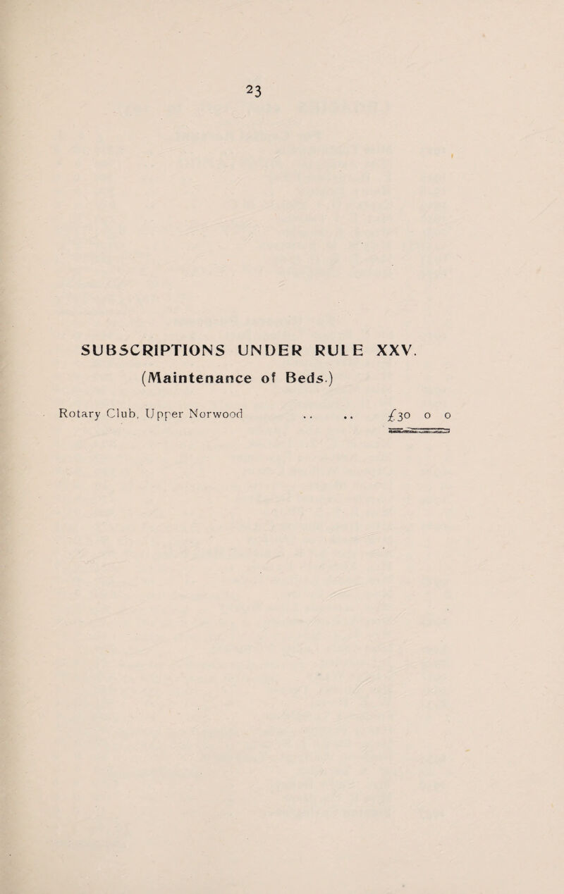 SUBSCRIPTIONS UNDER RULE XXV. (/Maintenance of Beds.) Rotary Club, Upper Norwood • « /30 o o