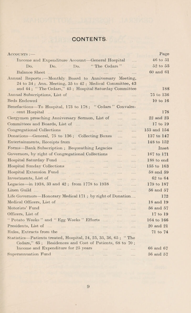 CONTENTS. Accounts :— Income and Expenditure Account—General Hospital Do. Do. Do. “ The Cedars ” Balance Sheet .... Annual Reports :—Monthly Board to Anniversary Meeting,, 24 to 34 ; Ann. Meeting, 35 to 42 ; Medical Committee, 43 and 44 ; “ The Cedars,” 45 ; Hospital Saturday Committee Annual Subscriptions, List of Beds Endowed Benefactions—To Hospital, 173 to 178; “Cedars” Con vales- • cent Hospital . Clergymen preaching Anniversary Sermon, List of Committees and Boards, List of . Congregational Collections Donations—General, 75 to 136 ; Collecting Boxes Entertainments, Receipts from Forms—Bank Subscription ; Bequeathing Legacies Governors, by right of Congregational Collections Hospital Saturday Fund Hospital Sunday Collections Hospital Extension Fund . Investments, List of Legacies—in 1938, 33 and 42 ; from 1778 to 1938 Linen Guild . Life Governors—Honorary Medical 171 ; by right of Donation. Medical Officers, List of Motorists’ Fund Officers, List of “ Potato Weeks ” and “ Egg Weeks ” Efforts . Presidents, List of . Rules, Extracts from the . Statistics—Patients treated, Hospital, 24, 25, 35, 36, 65 ; “ The Cedars,” 65 ; Residences and Cost of Patients, 68 to 70 ; Income and Expenditure for 25 j^ears Superannuation Fund Page 46 to 51 52 to 55 60 and 61 188 75 to 136 10 to 16 178 22 and 23 17 to 19 153 and 154 137 to 147 148 to 152 Inset 167 to 171 188 to end 155 to 163 58 and 59 62 to 64 179 to 187 56 and 57 172 18 and 19 56 and 57 17 to 19 164 to 166 20 and 21 71 to 74 66 and 67 56 and 57